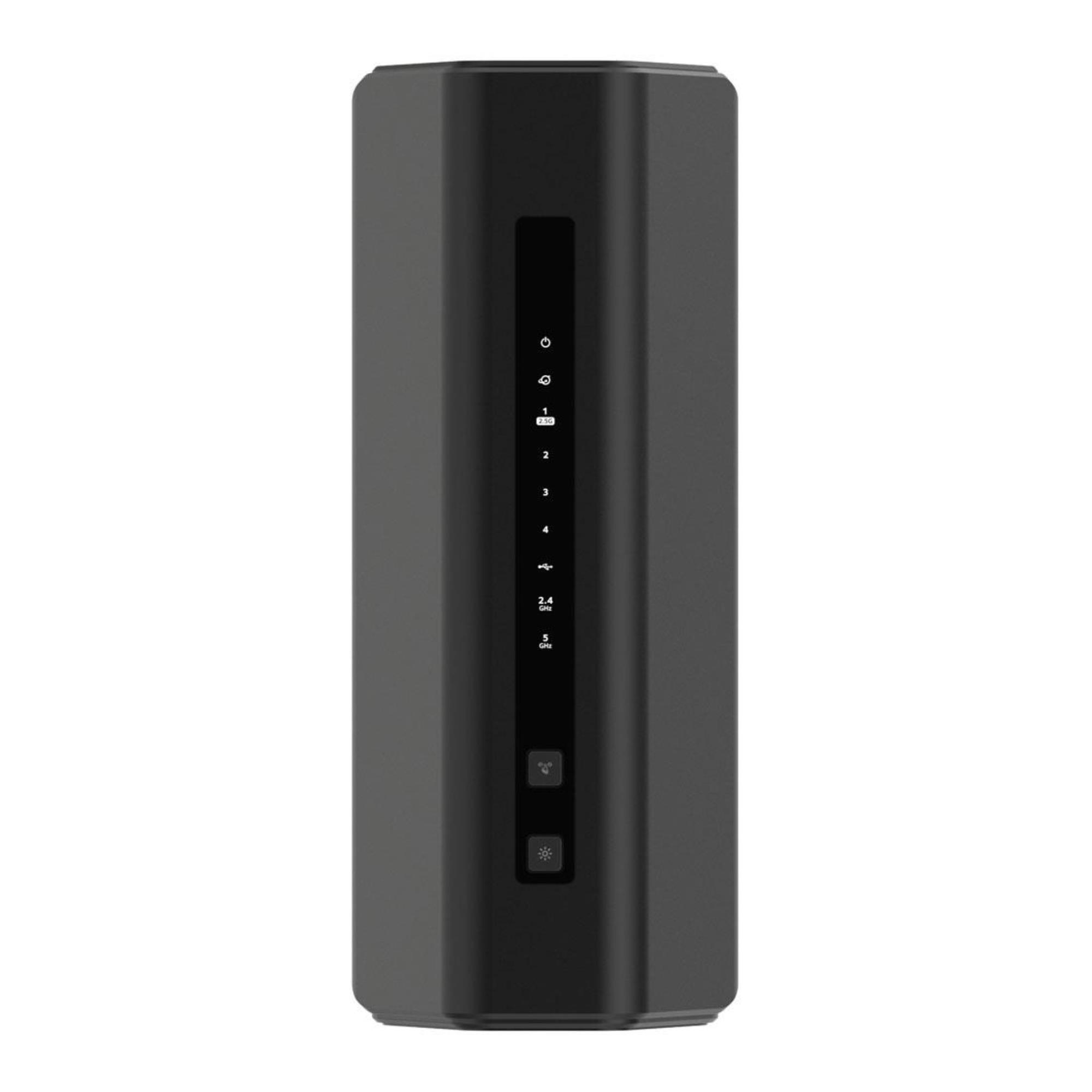 Czarny, cylindryczny router z podświetlanymi ikonami i wskaźnikami częstotliwości.