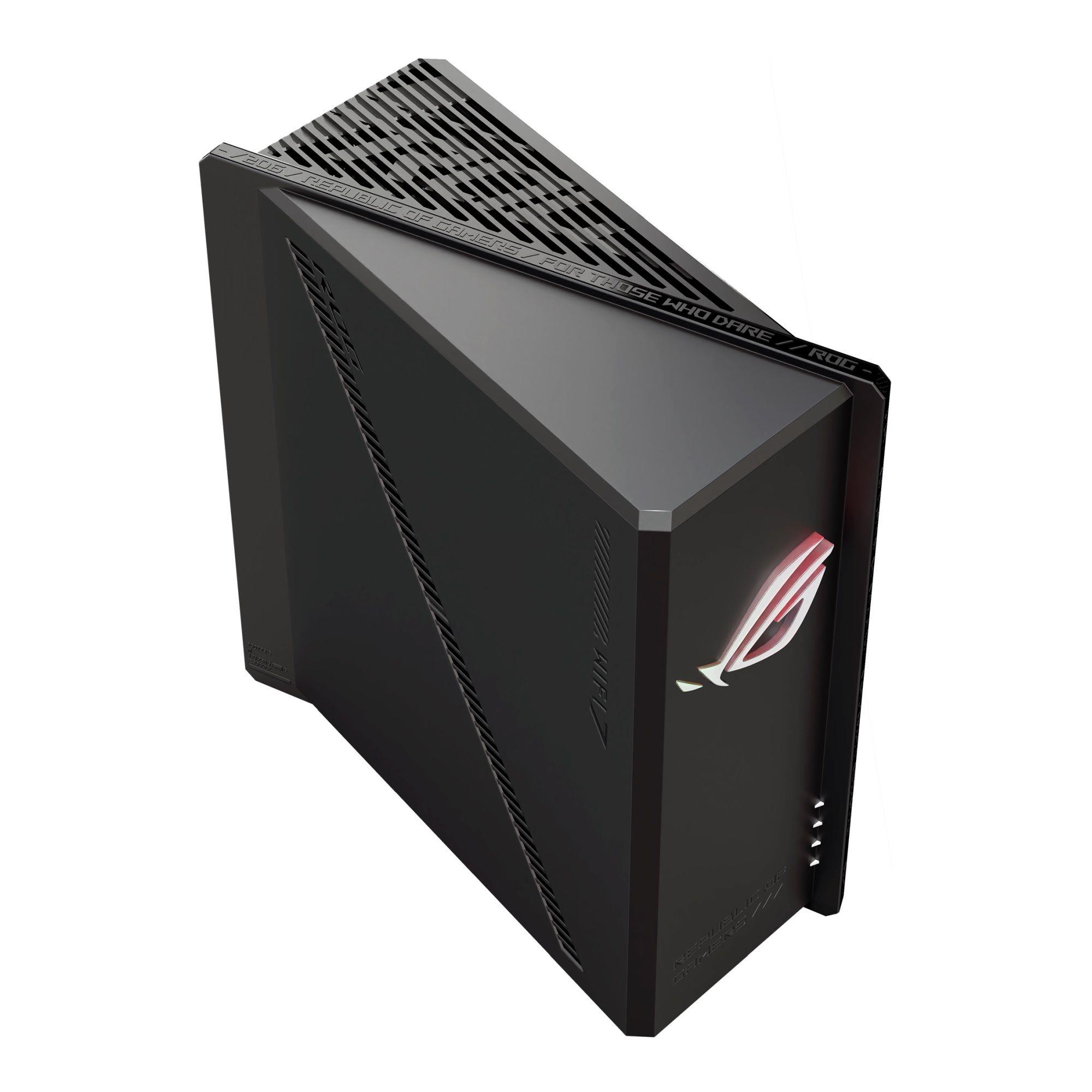 Schwarzer Gaming-PC mit ROG-Logo und Lüftungsschlitzen.