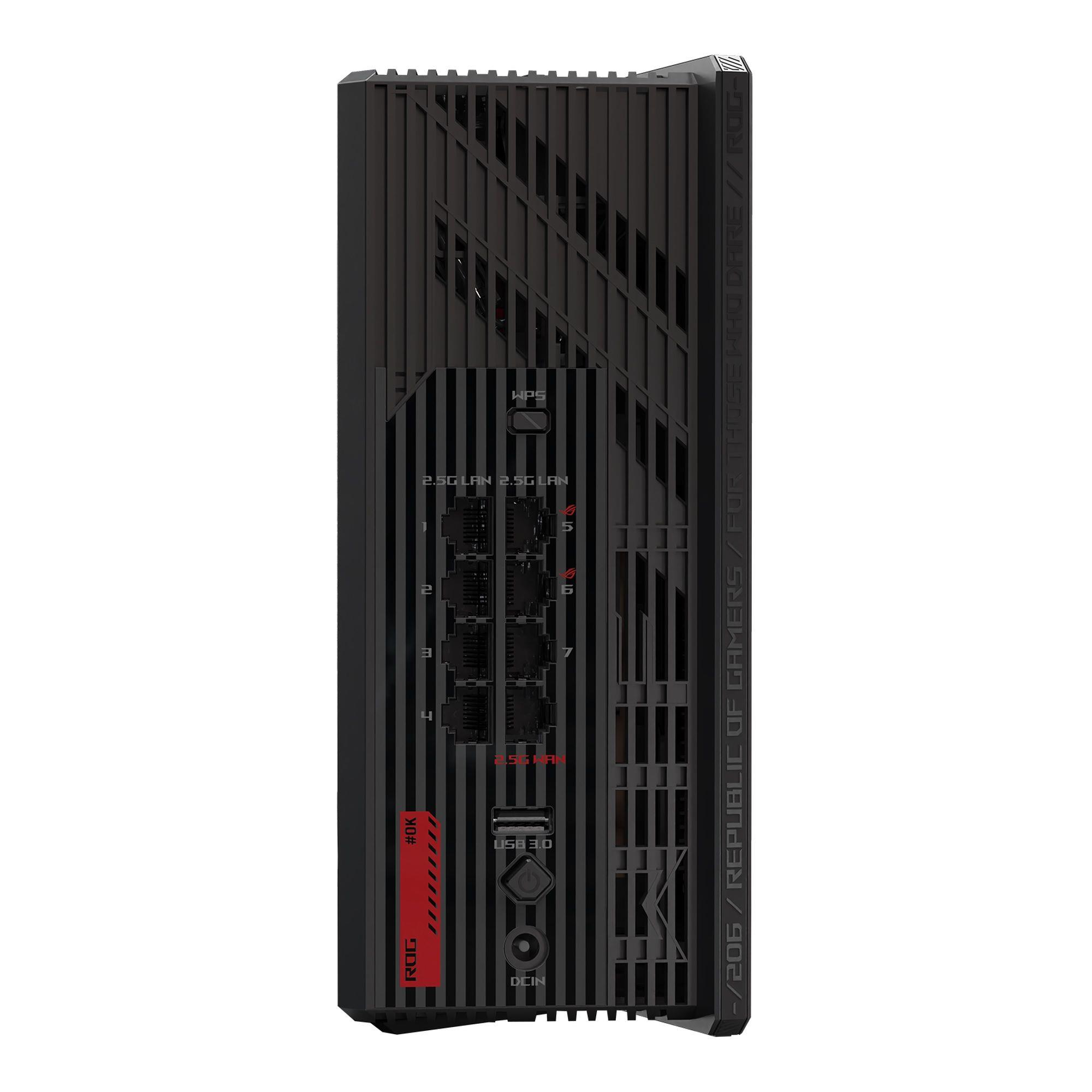 Schwarzer Router mit vielen Anschlüssen und Lüftungsschlitzen.