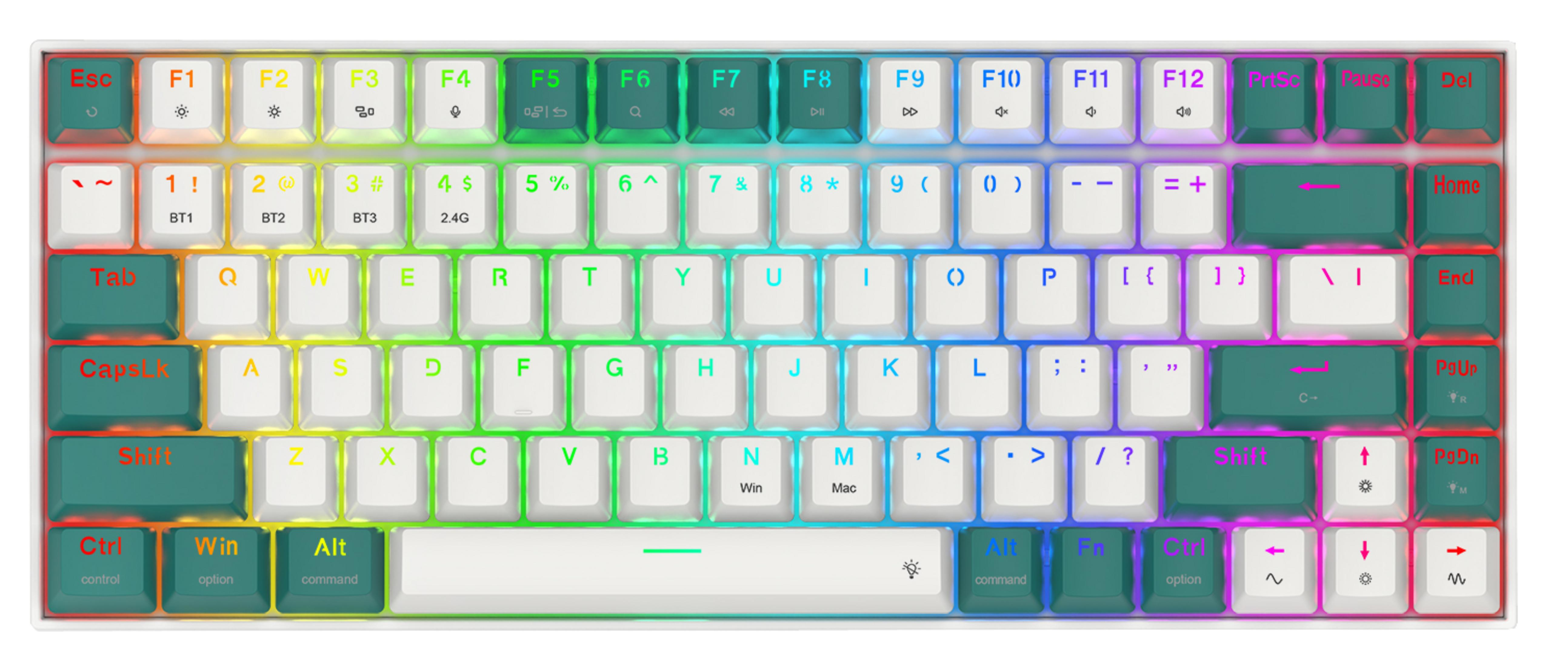 Una tastiera meccanica con illuminazione RGB, tasti bianchi e verde acqua.