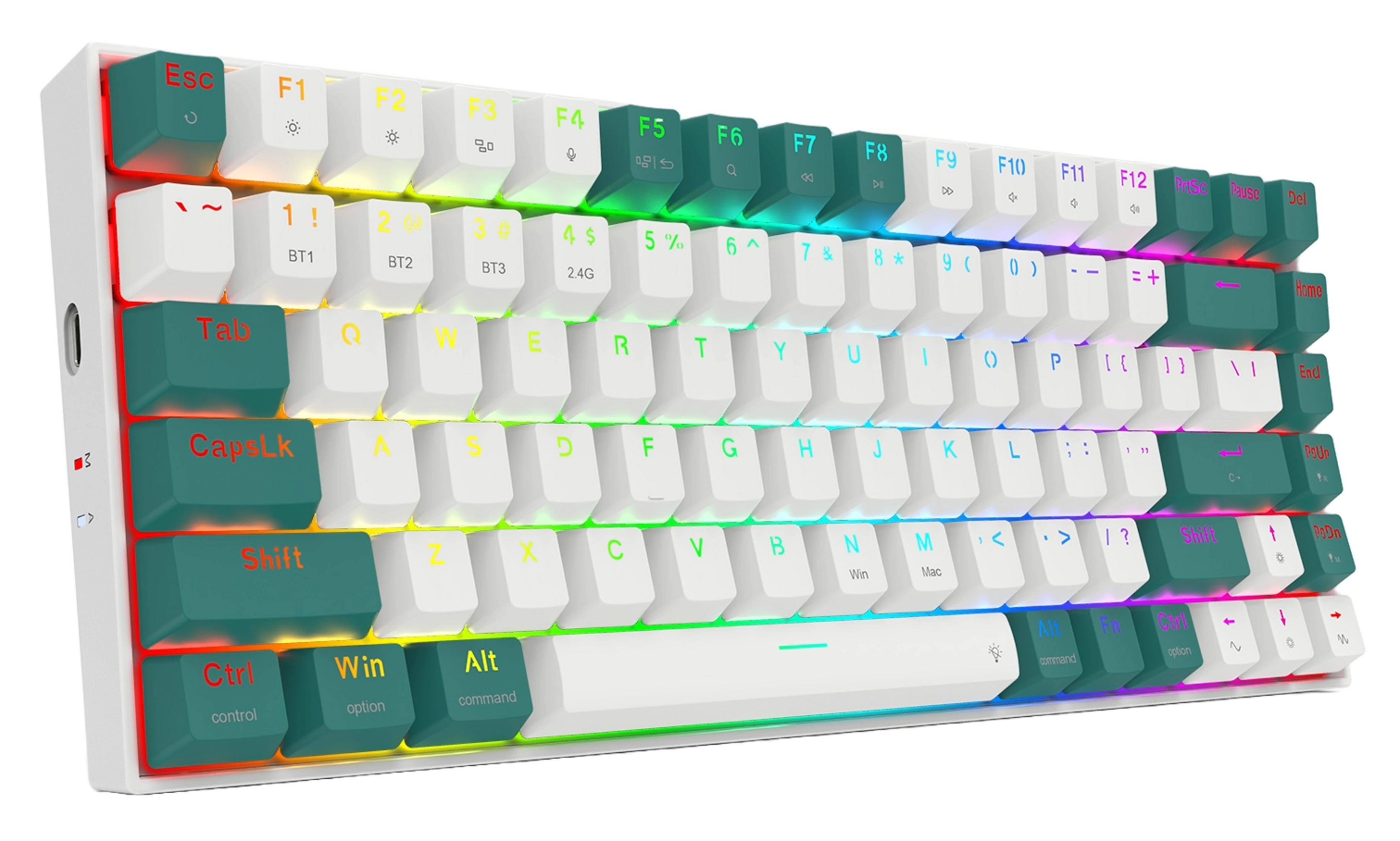 Una tastiera meccanica bianca con tasti d'accento verde acqua e illuminazione RGB.