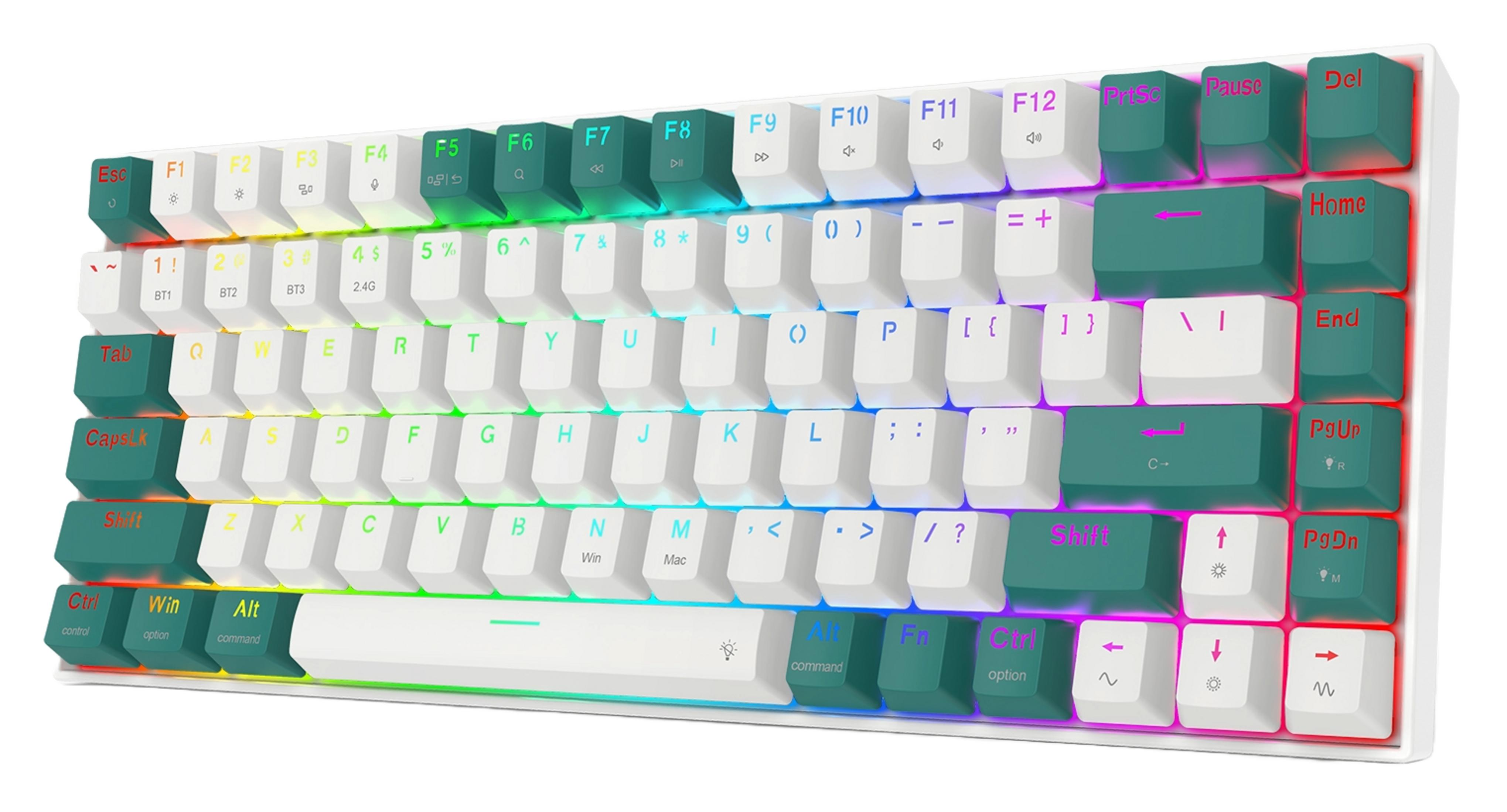 Una tastiera meccanica bianca con tasti d'accento verdi e retroilluminazione RGB.