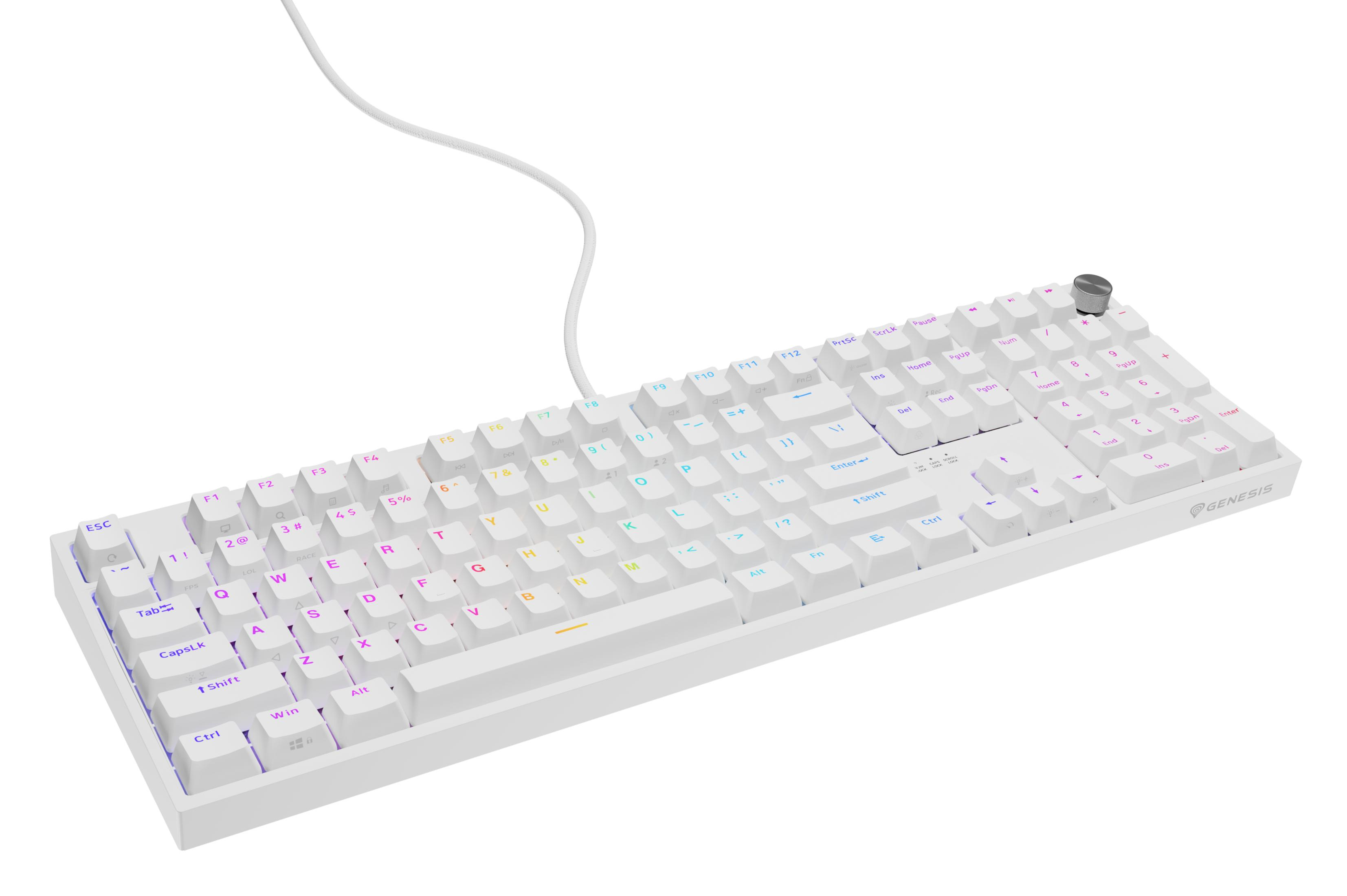 Una tastiera gaming bianca con illuminazione RGB e manopola rotante argentata.