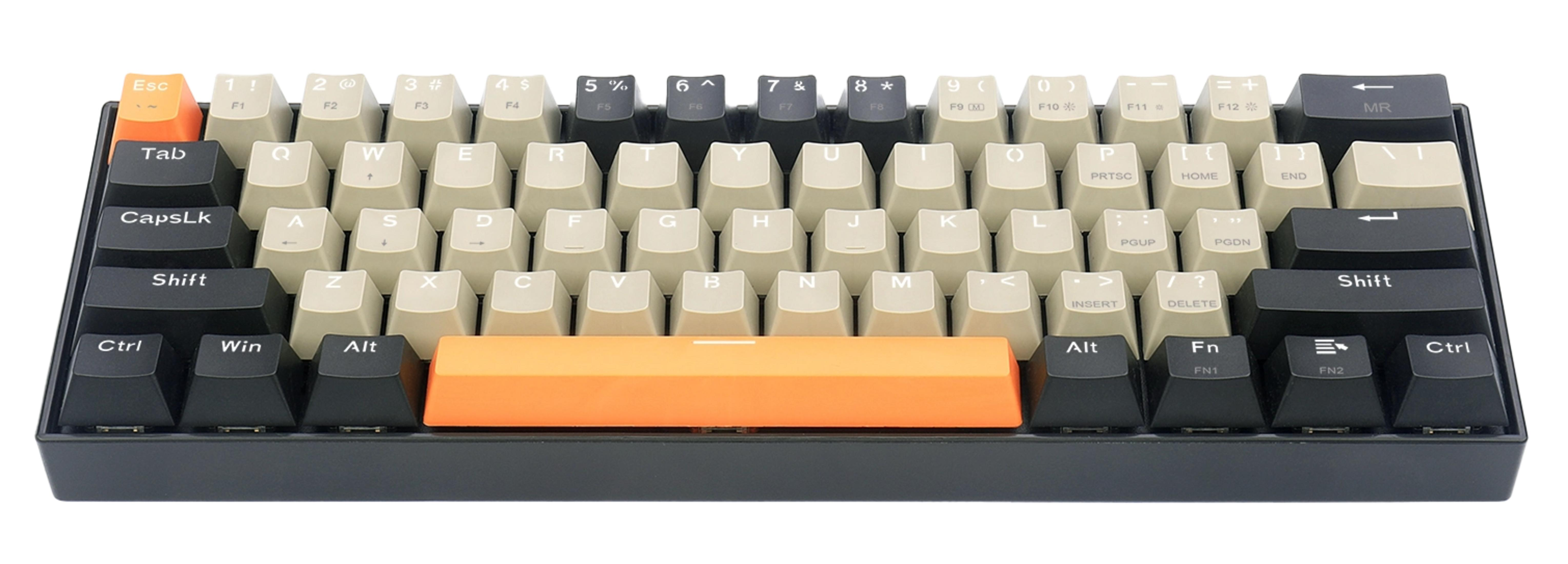 Una tastiera con tasti beige e neri e una barra spaziatrice arancione.