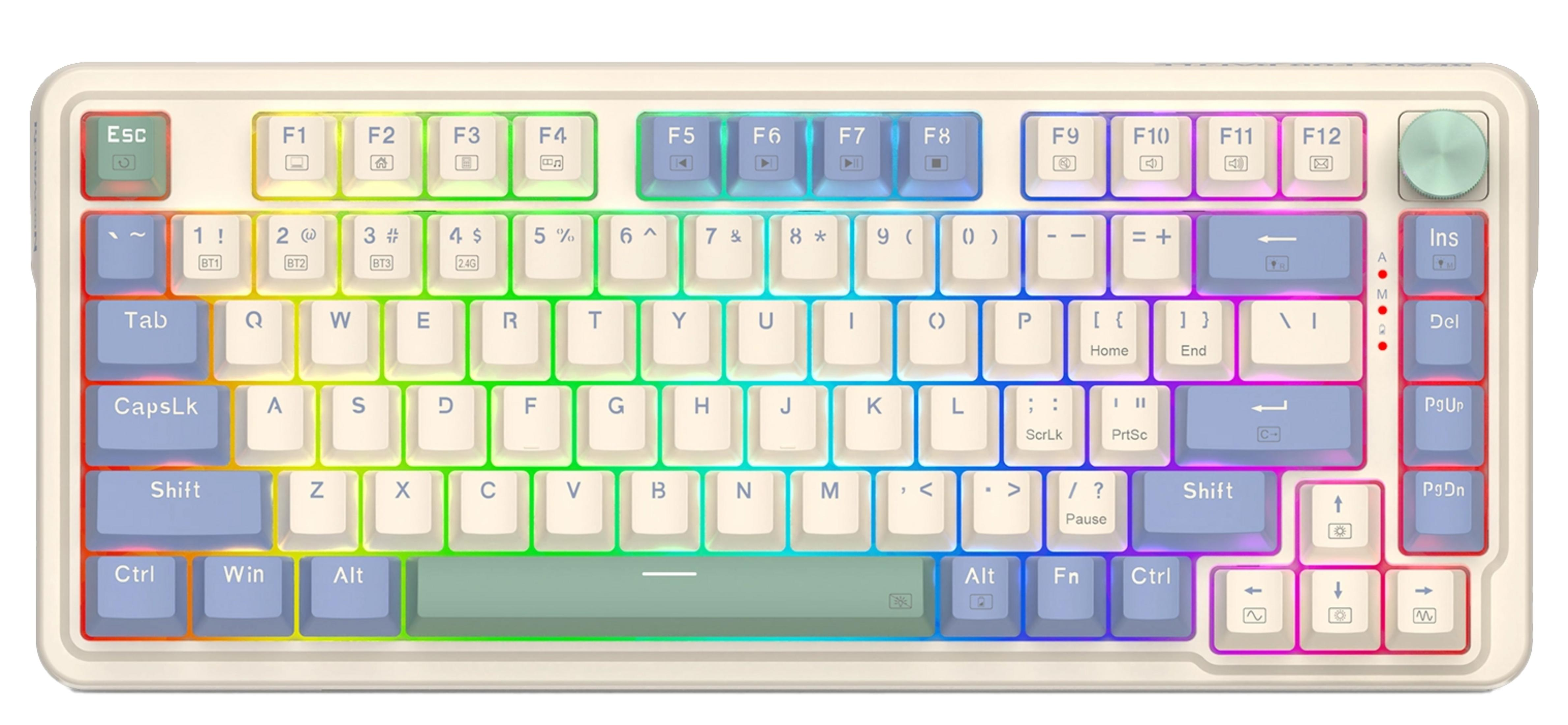 Una tastiera bianca con illuminazione RGB colorata e tasti blu e crema.