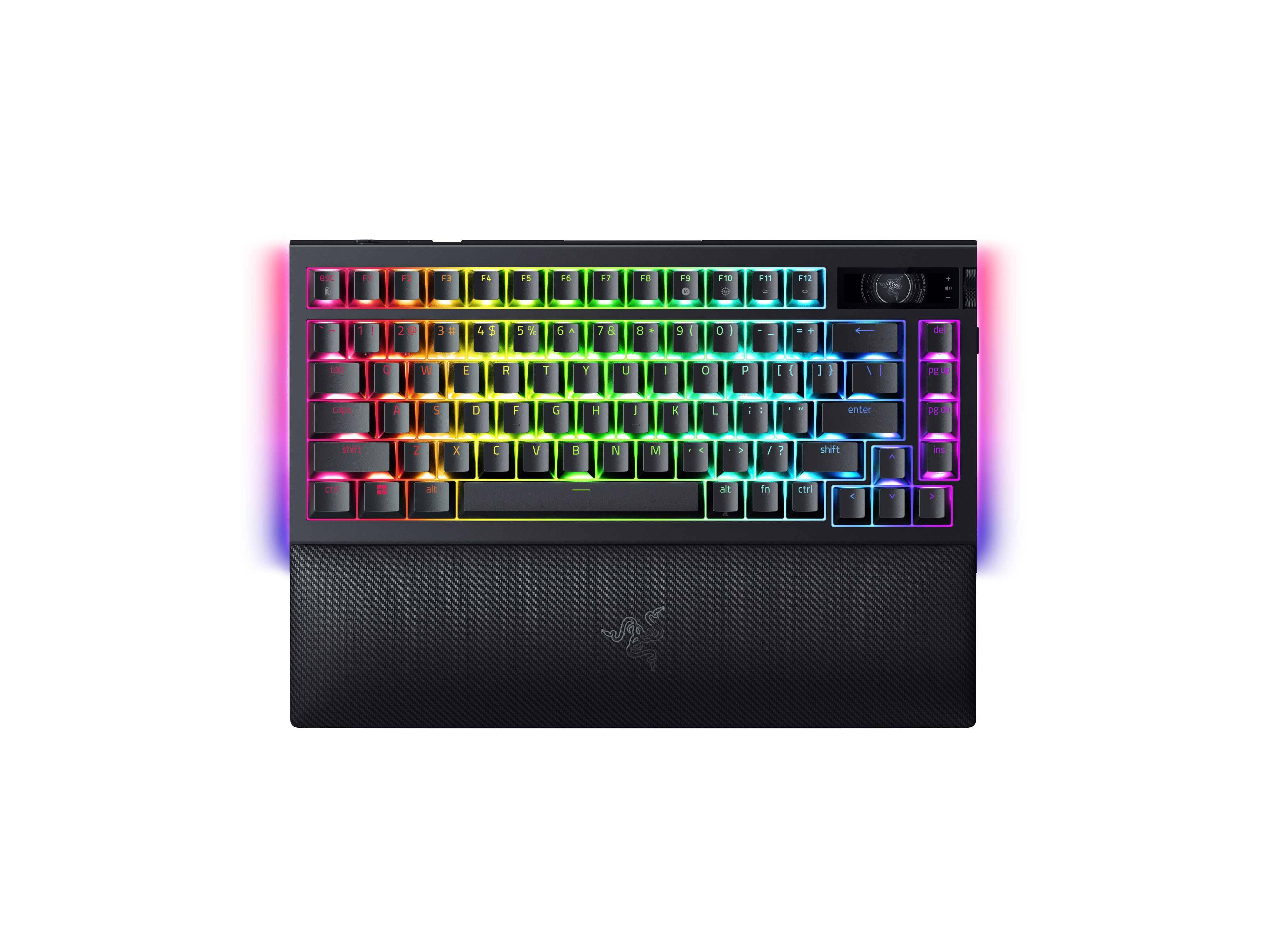Een zwart gamingtoetsenbord met RGB-verlichting en een afneembare polssteun.