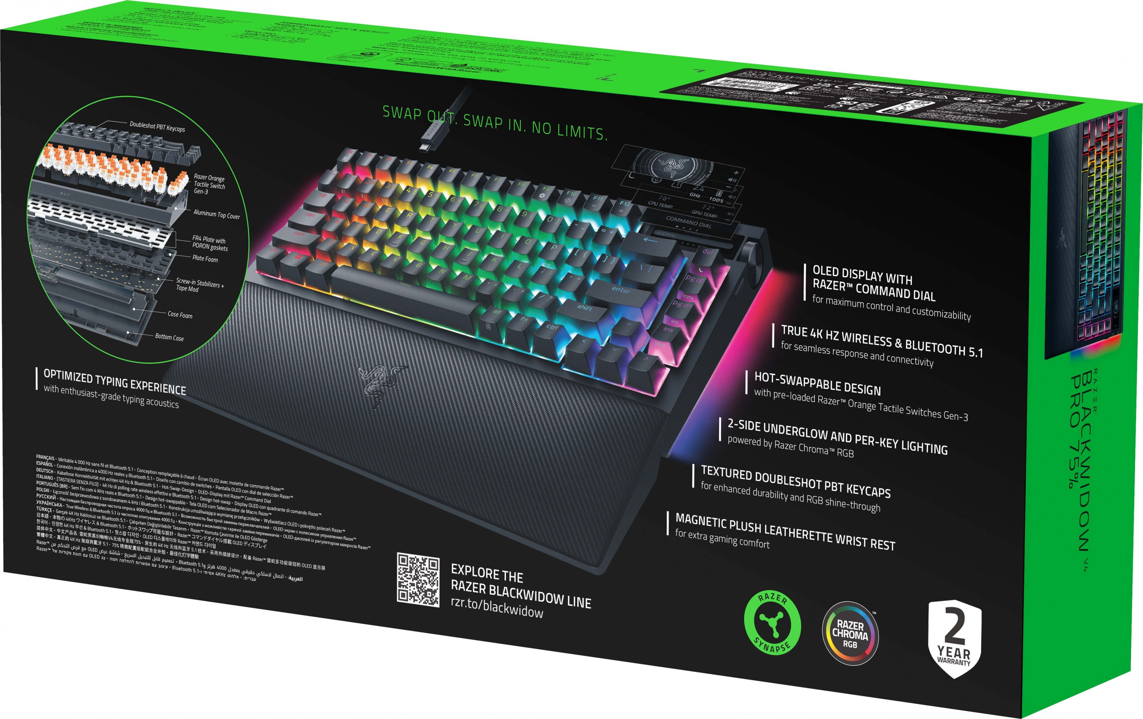 Razer BlackWidow V4 Pro toetsenbord: OLED-display, RGB, hot-swap, 4KHz draadloos.