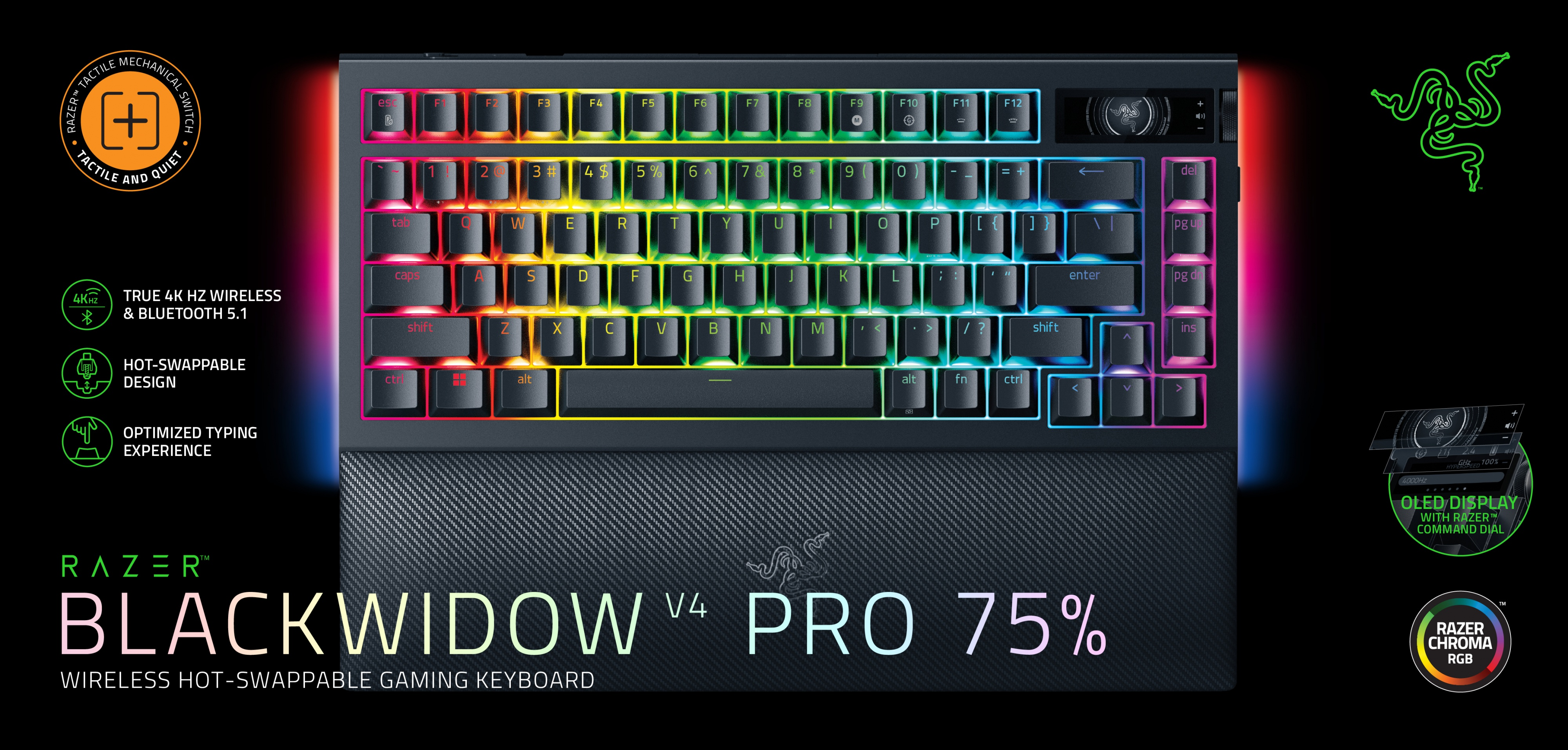 Razer BlackWidow V4 Pro 75% toetsenbord met RGB-verlichting en polssteun.