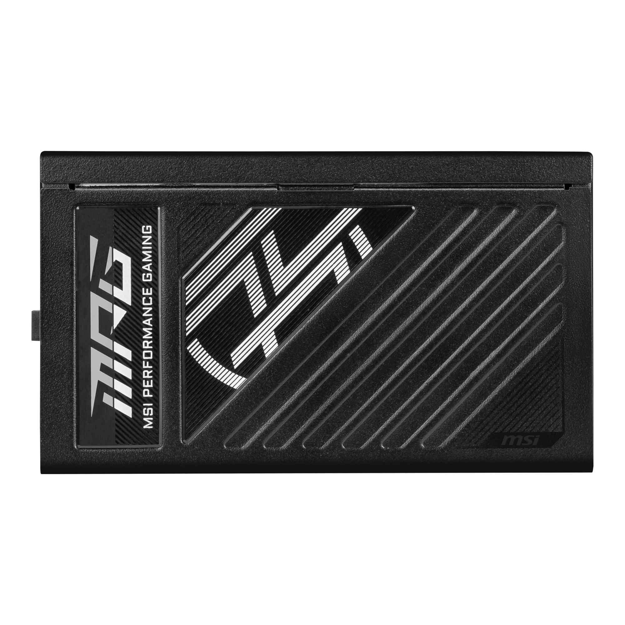 Czarny zasilacz z szarym logo MSI MPG i paskowanym wzorem.