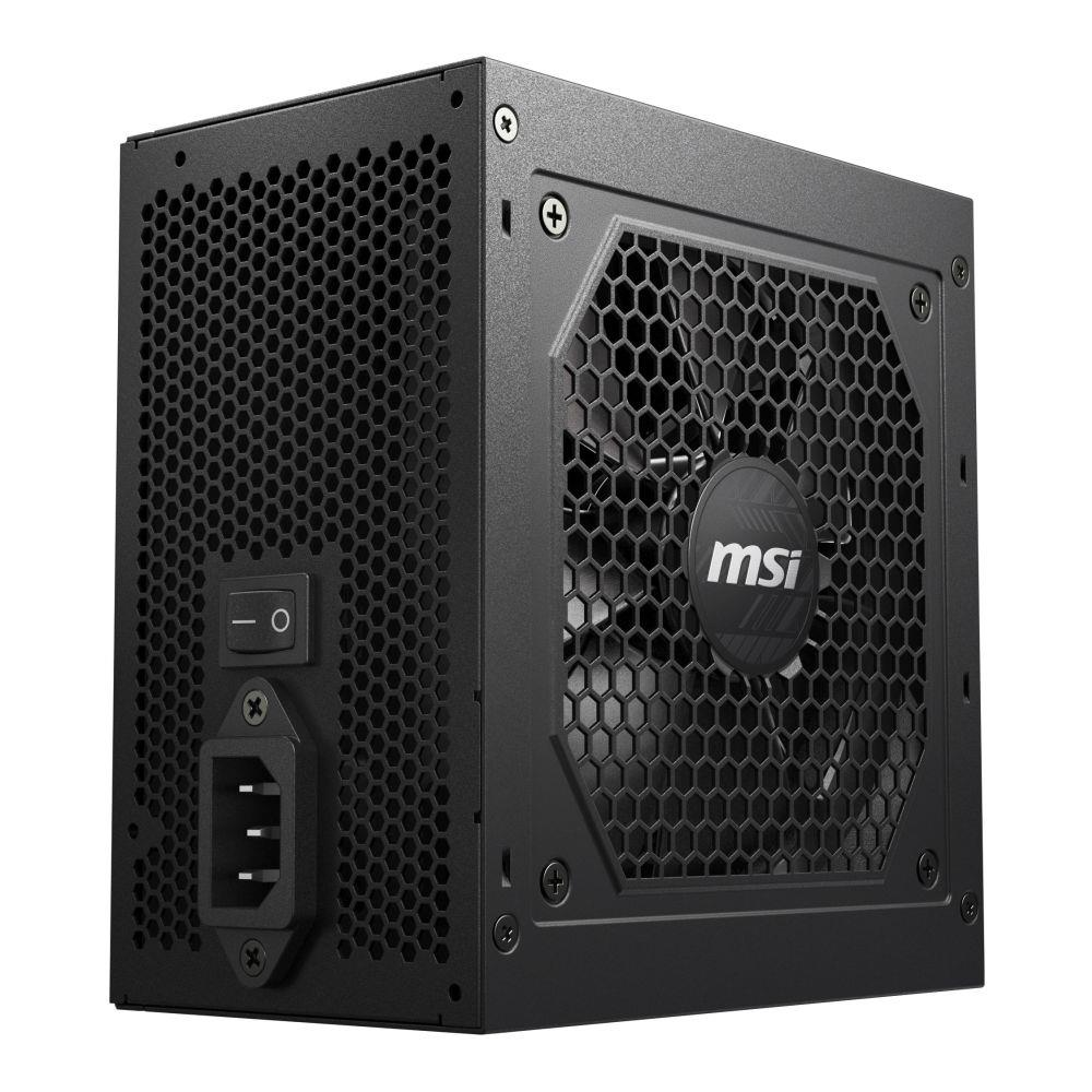 Zwarte computer voeding met MSI logo en ventilatorrooster. Een schakelaar en stopcontact zijn zichtbaar.
