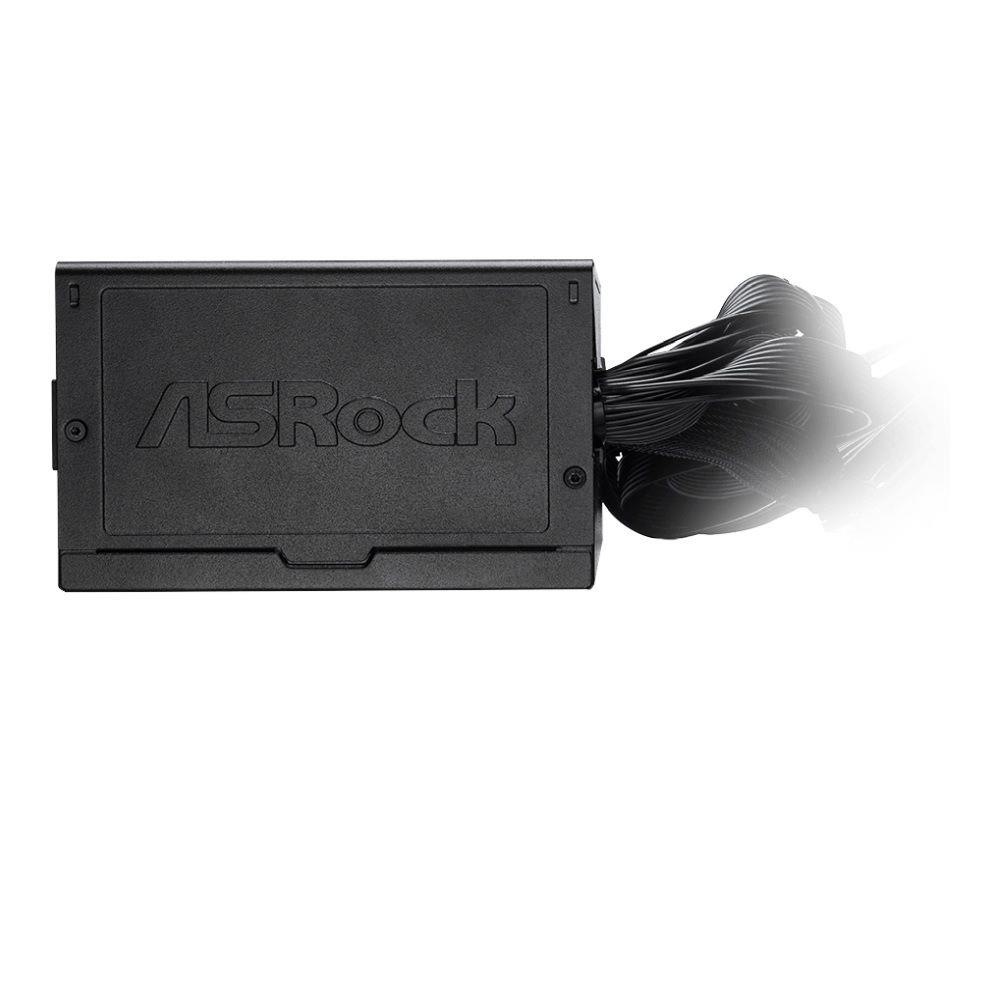 Czarny zasilacz z logo ASRock i wieloma kablami.