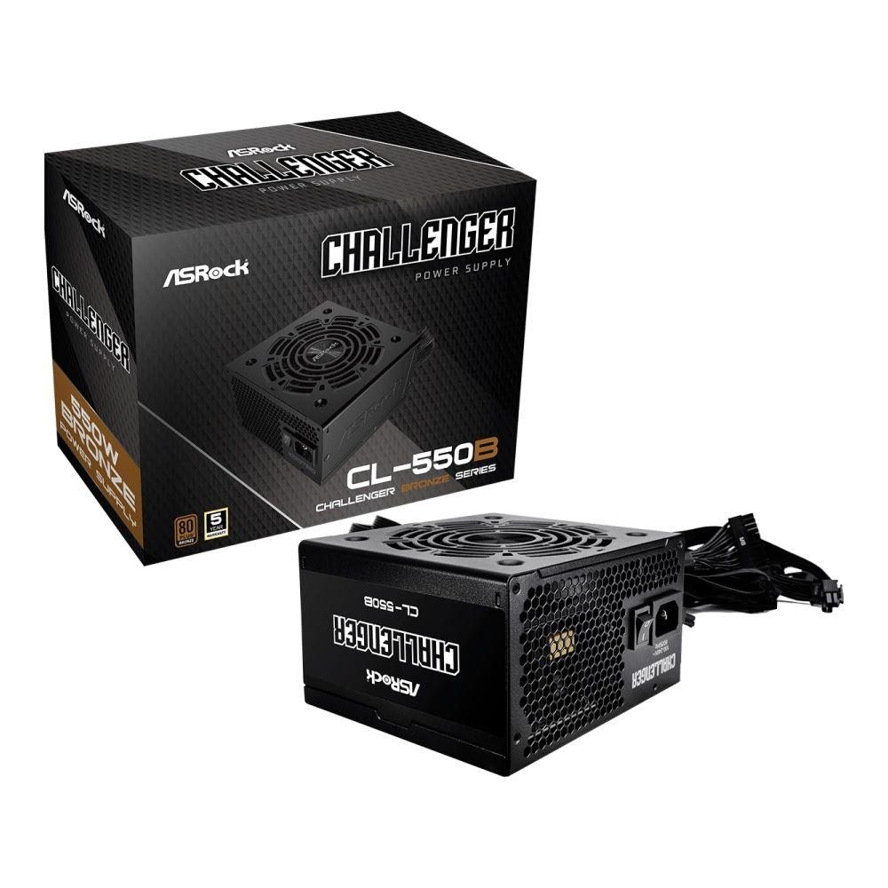 Zasilacz ASRock Challenger 550W Bronze z kablami i pudełkiem.