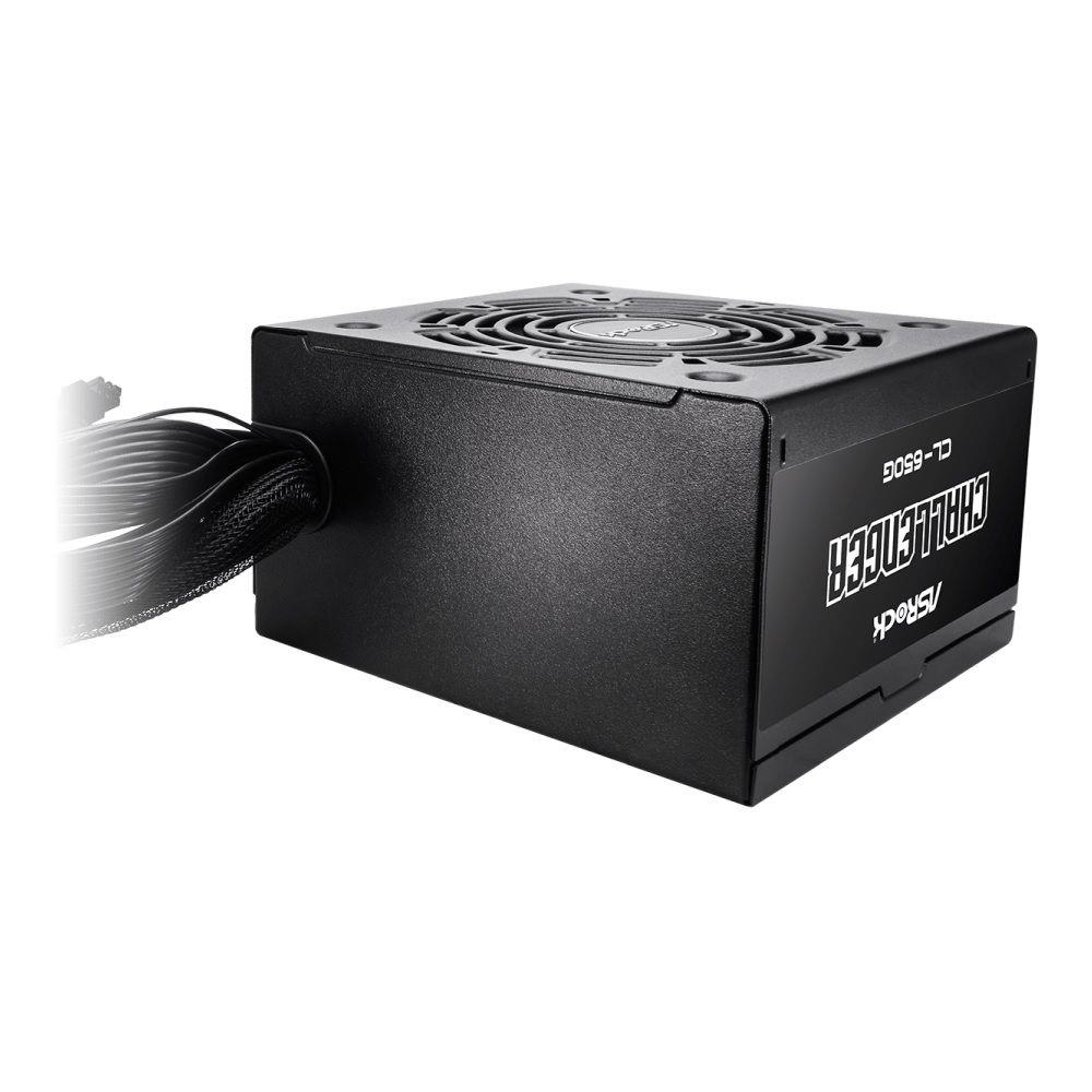 Czarny zasilacz z kablami i wentylatorem na górze. Napis: Challenger CL-650G.