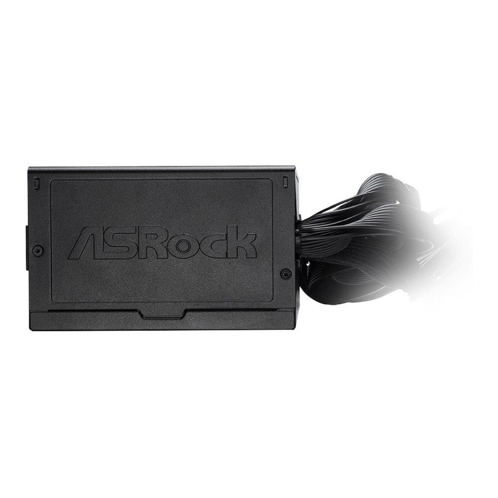 Czarny zasilacz ASRock z wieloma kablami, na białym tle.