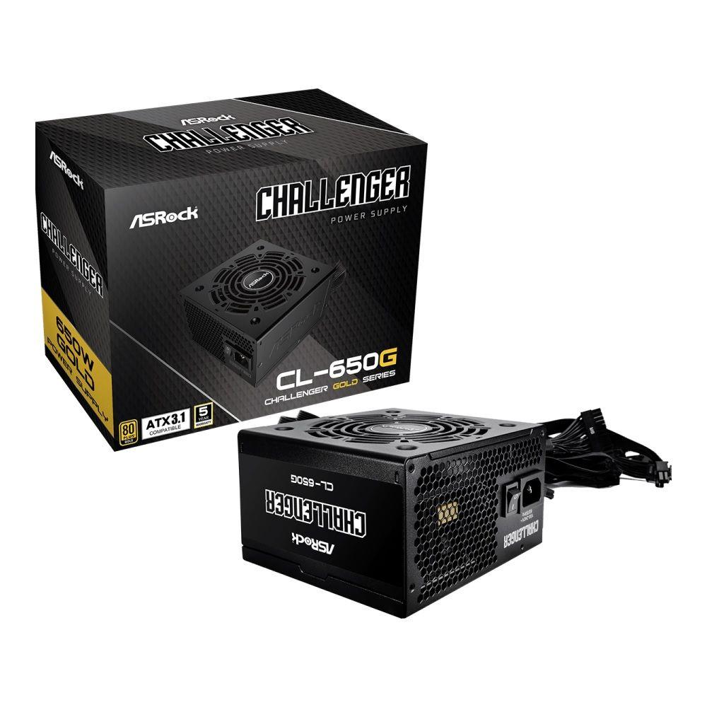 Czarny zasilacz z kablami i pudełkiem ASRock Challenger. 650W, certyfikat Gold.