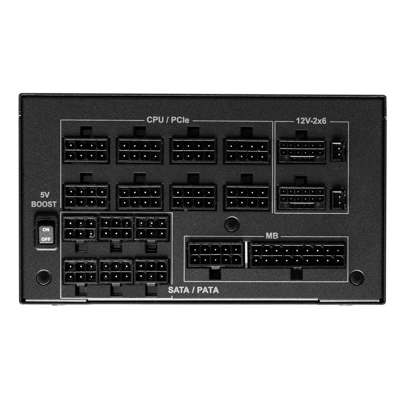 Rückseite eines schwarzen Netzteilmoduls mit vielen Anschlüssen und Beschriftungen.