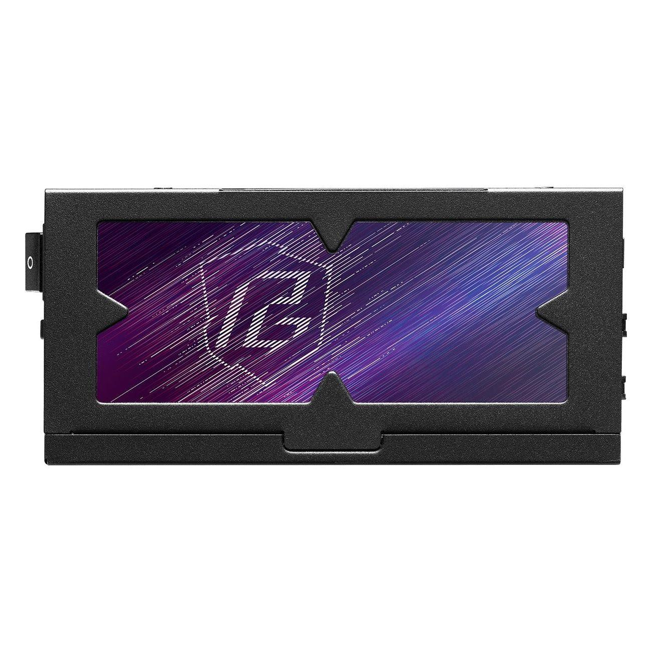 Schwarzes Gehäuse mit einem lila und blauen Logo-Display.