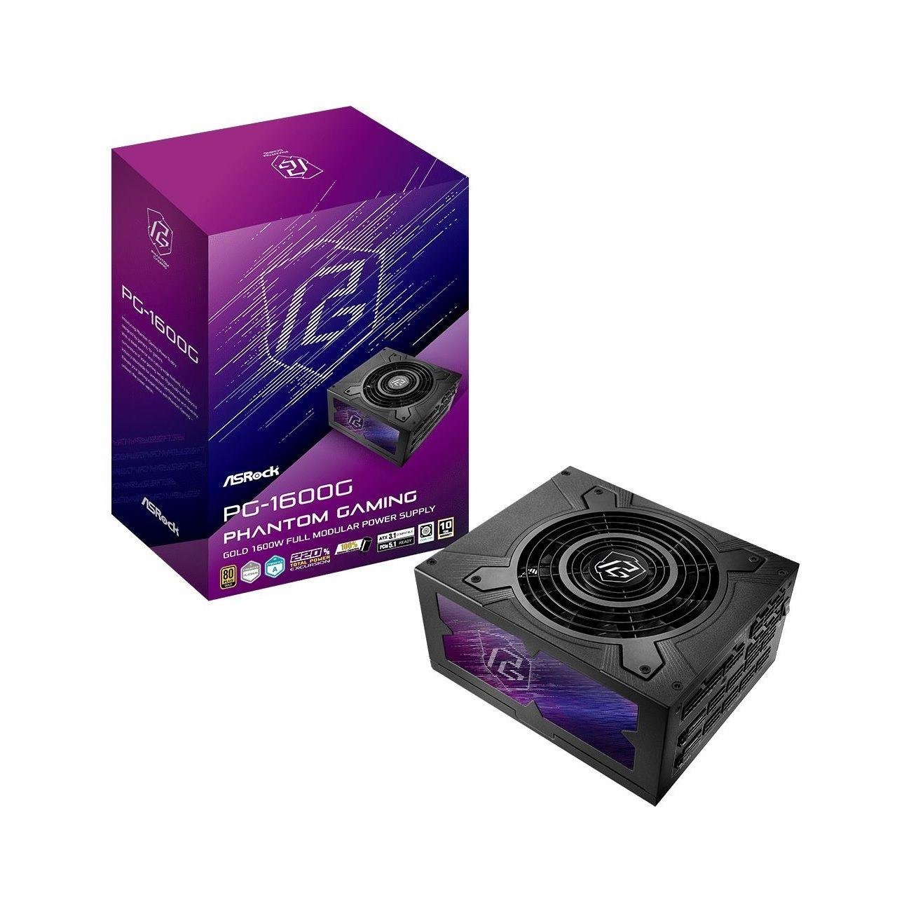 ASRock PG-1600G Phantom Gaming Netzteil und Box. Netzteil ist schwarz mit Lüfter.