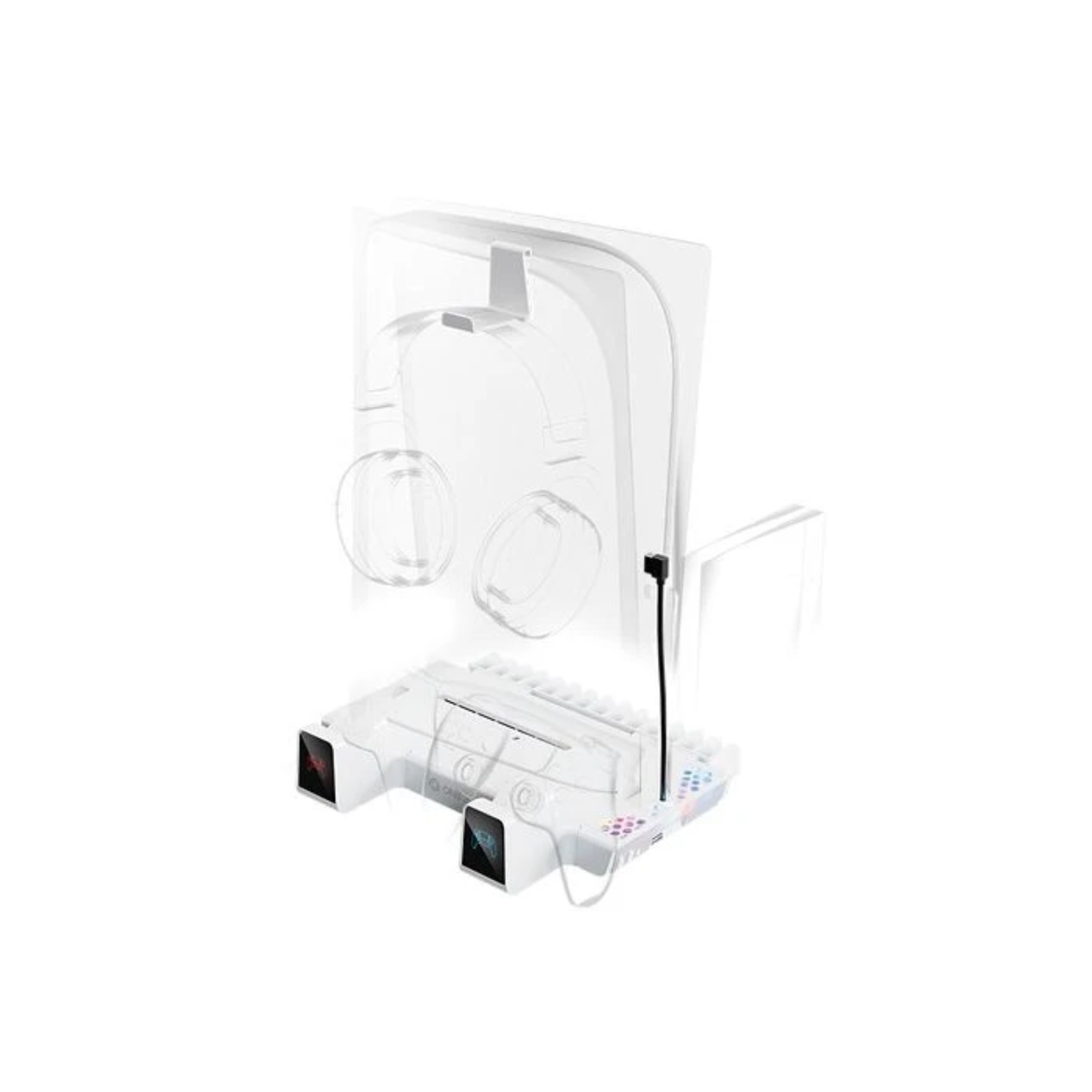 Un auricular blanco para gaming sobre un soporte de carga blanco con luces.