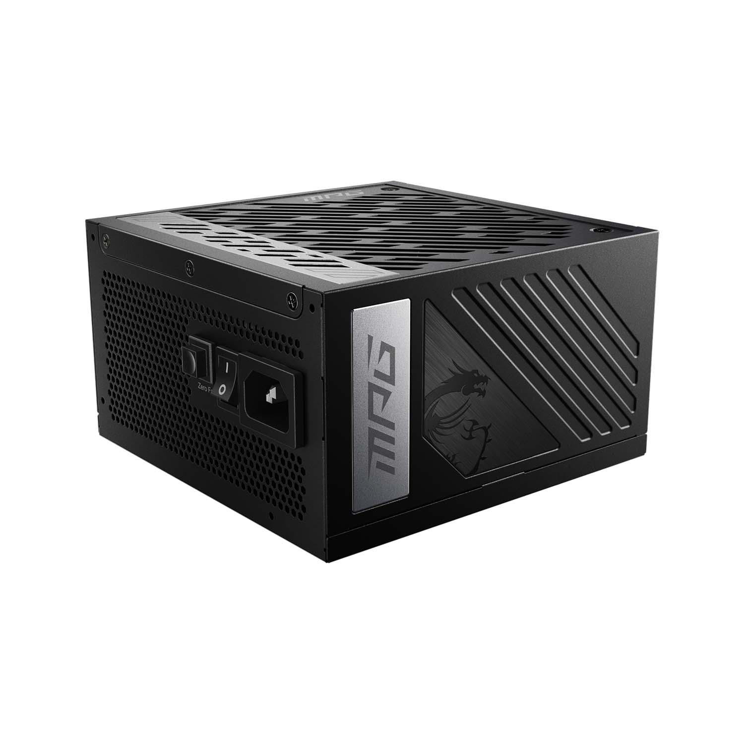 Czarny zasilacz komputerowy z otworami wentylacyjnymi i logo MSI.