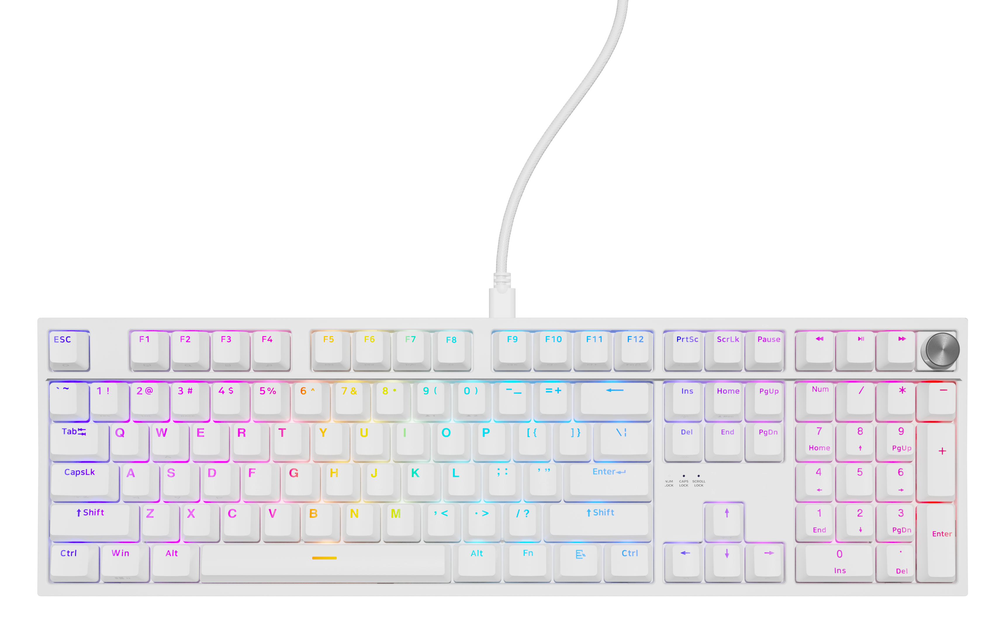 Biała klawiatura mechaniczna z podświetleniem RGB i srebrnym pokrętłem.