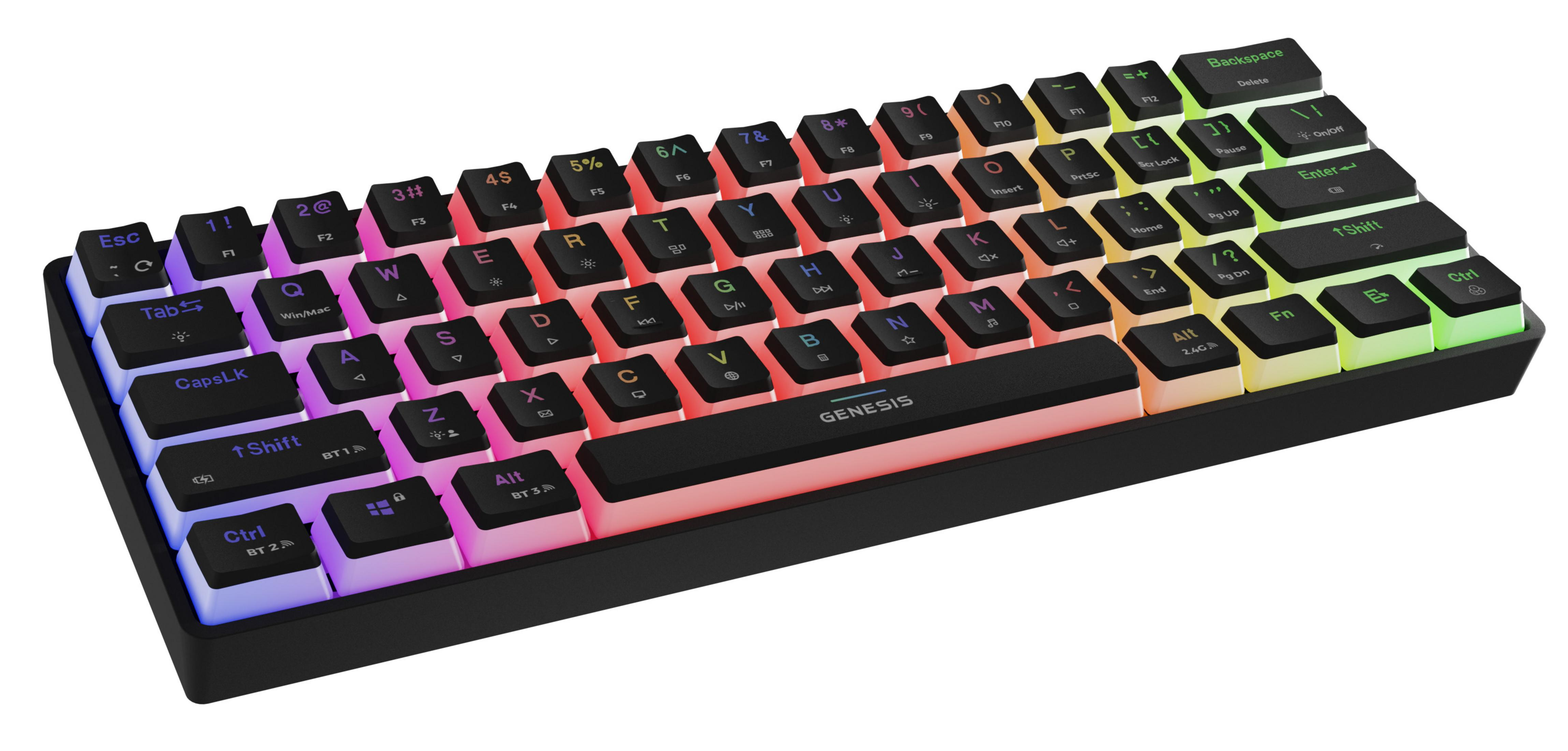 Czarna klawiatura z podświetleniem RGB. Klawisze są czarne z białymi symbolami.