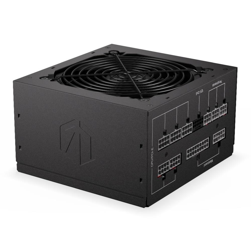 Fuente de alimentación negra con ventilador, puertos para placa base, CPU/PCI-E y periféricos.