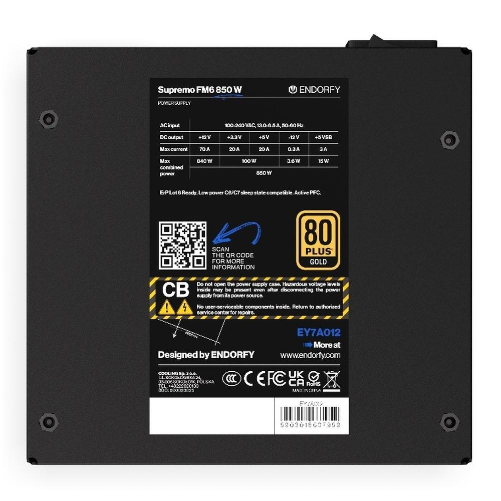 Fuente de alimentación Endorfy Supremo FM6 850 W con certificación 80 PLUS Gold.