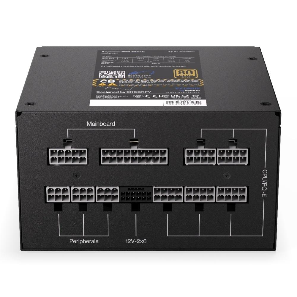 Fuente de alimentación negra con puertos etiquetados para Placa base, Periféricos, 12V y CPU/PCI-E.