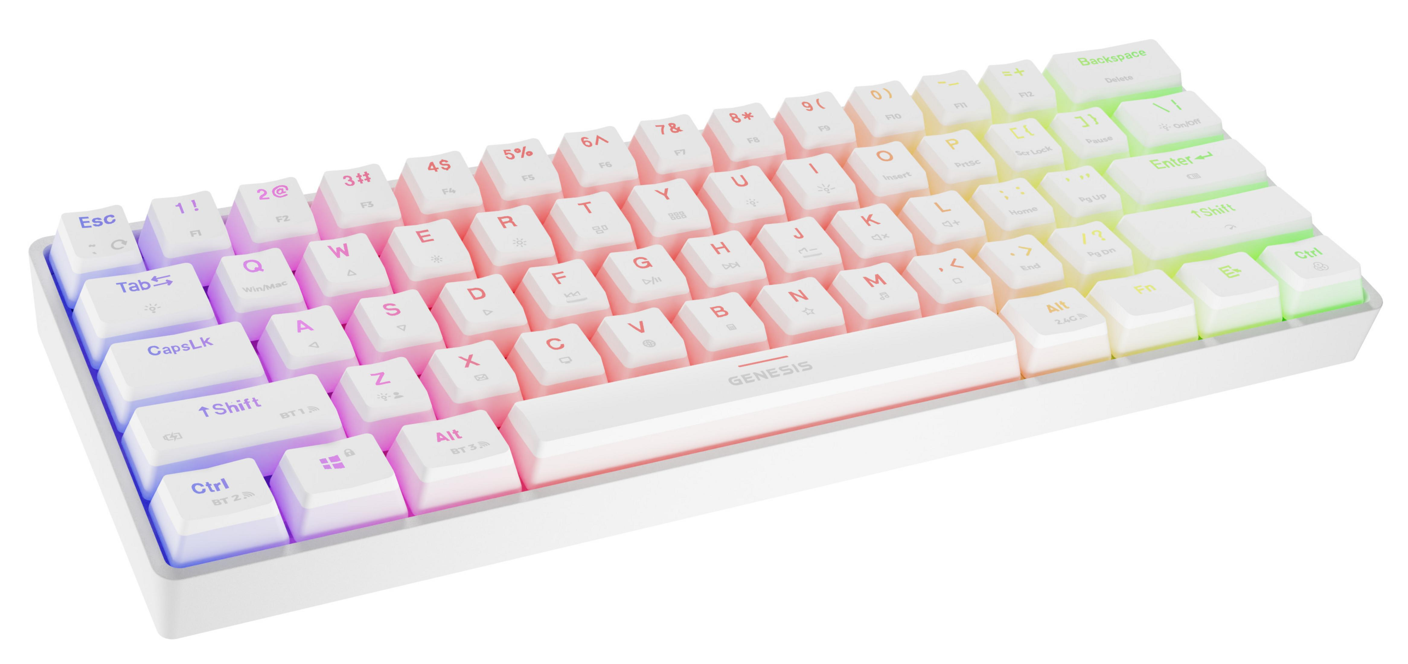 Una tastiera meccanica bianca con retroilluminazione dei tasti rosa e blu.