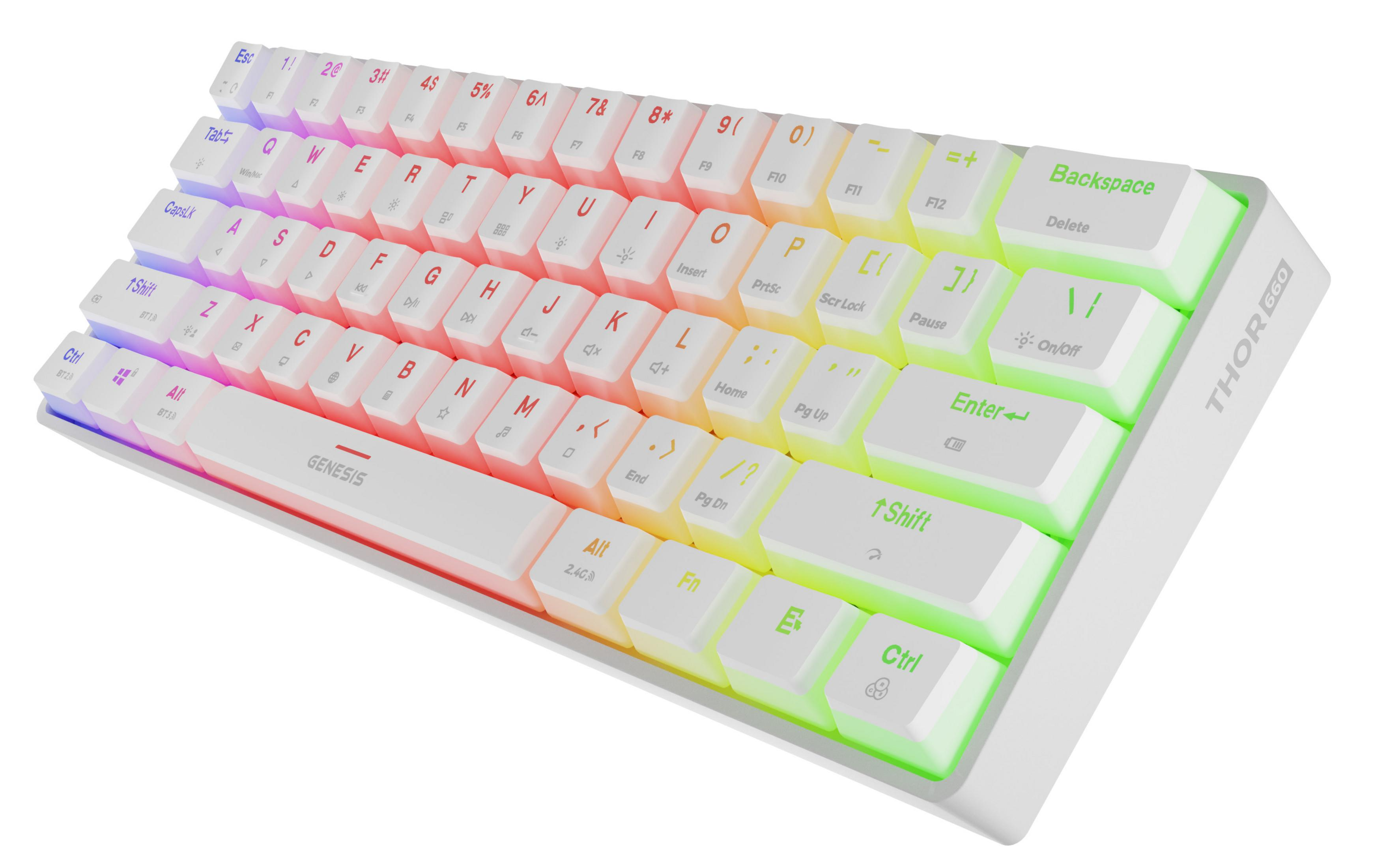 Una tastiera meccanica bianca con illuminazione RGB, che sfuma dal blu al rosa fino al giallo da sinistra a destra.