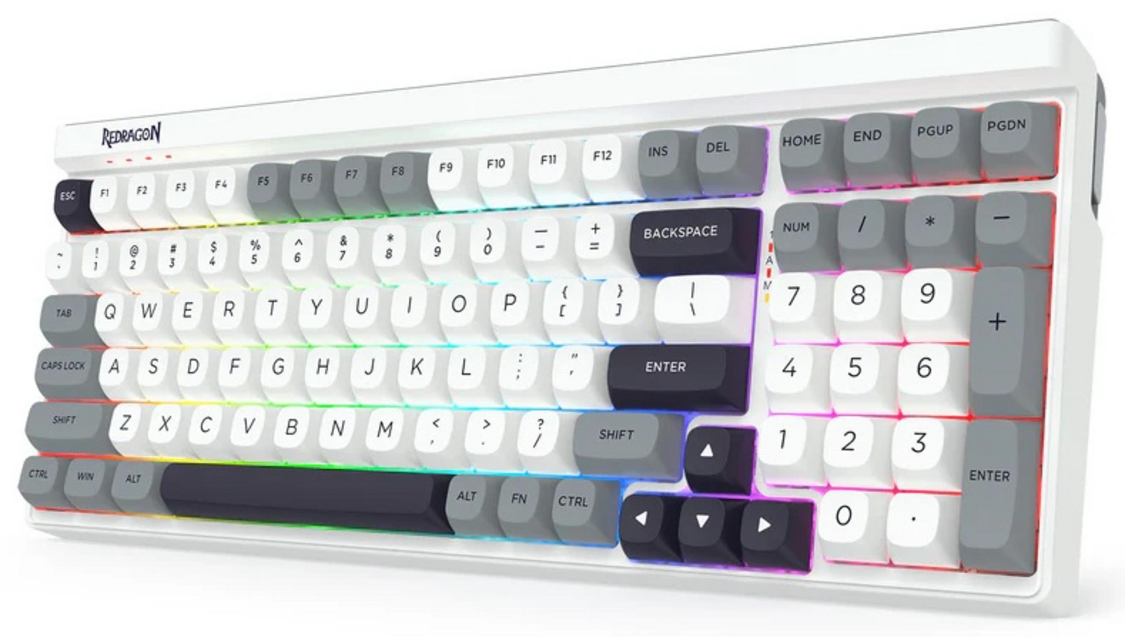 Una tastiera meccanica bianca con illuminazione RGB e tasti grigi.