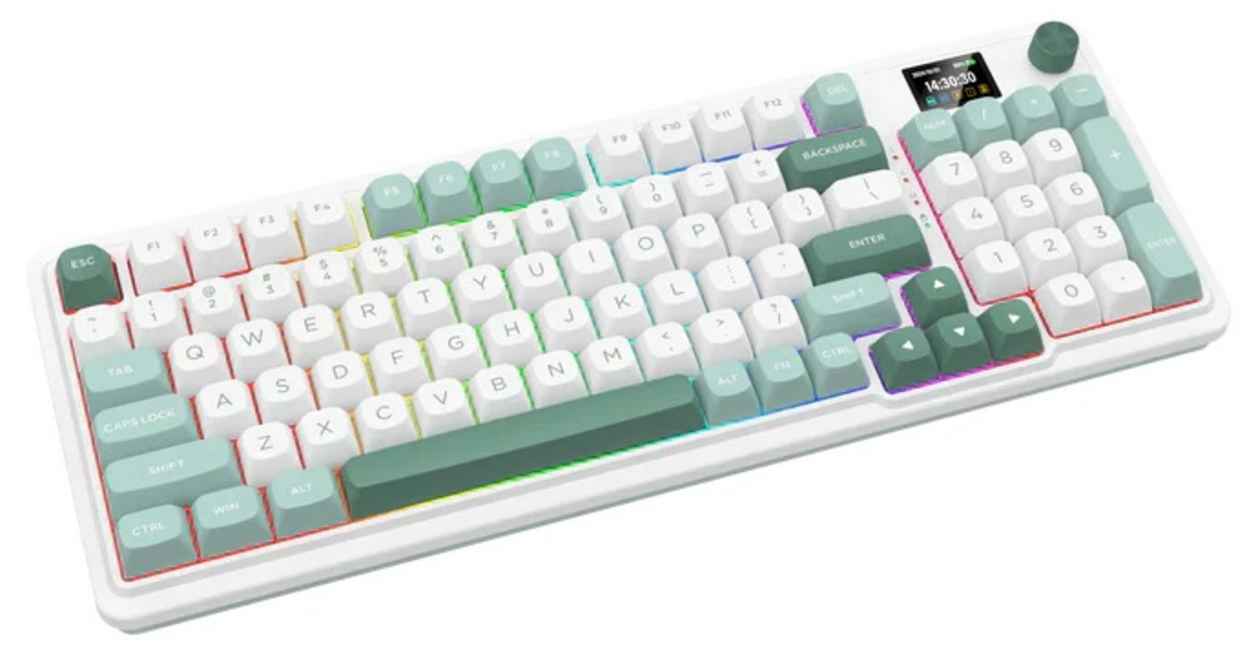 Una tastiera bianca con tasti d'accento verde menta e illuminazione RGB.