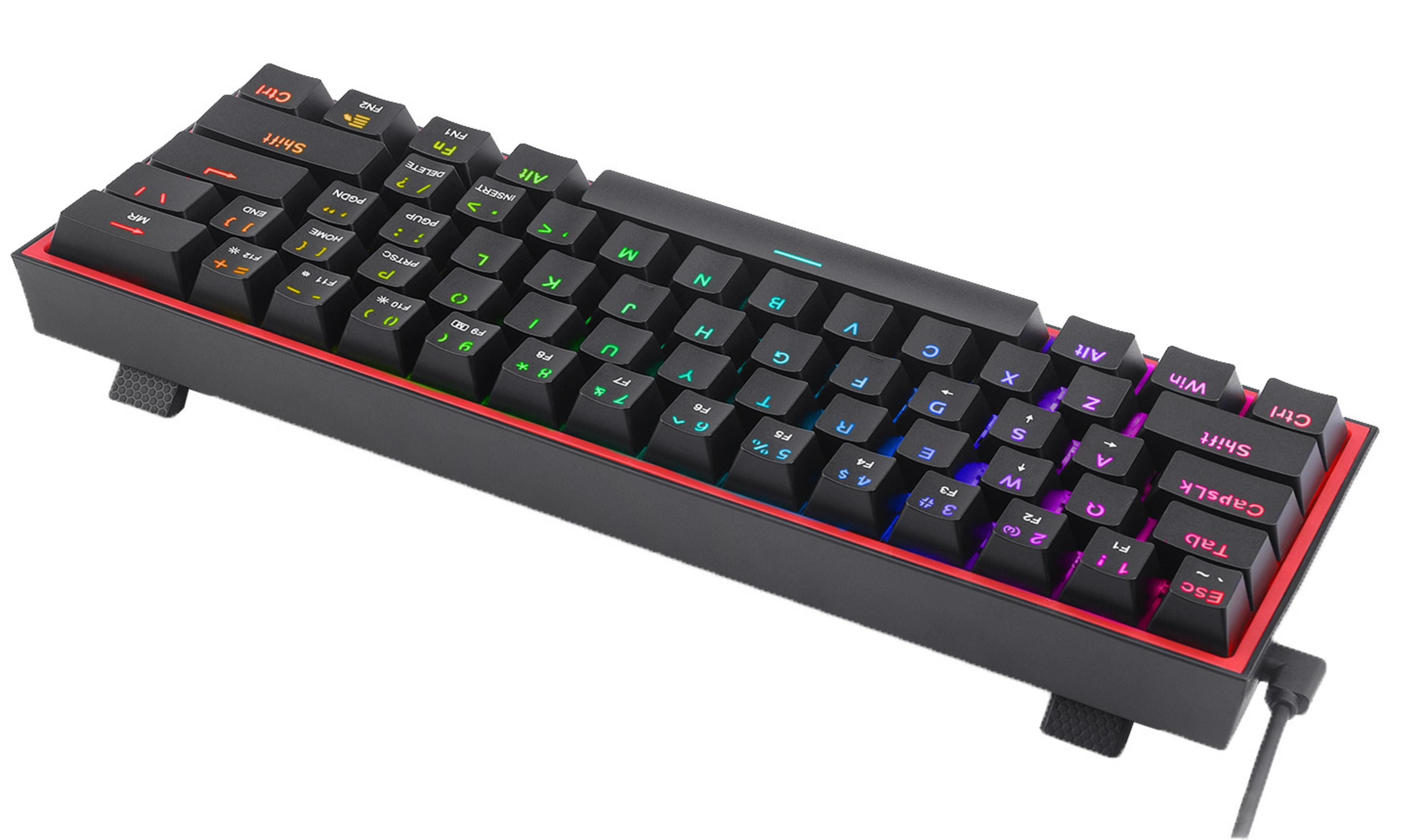 Tastiera nera compatta con retroilluminazione RGB colorata e accenti rossi.