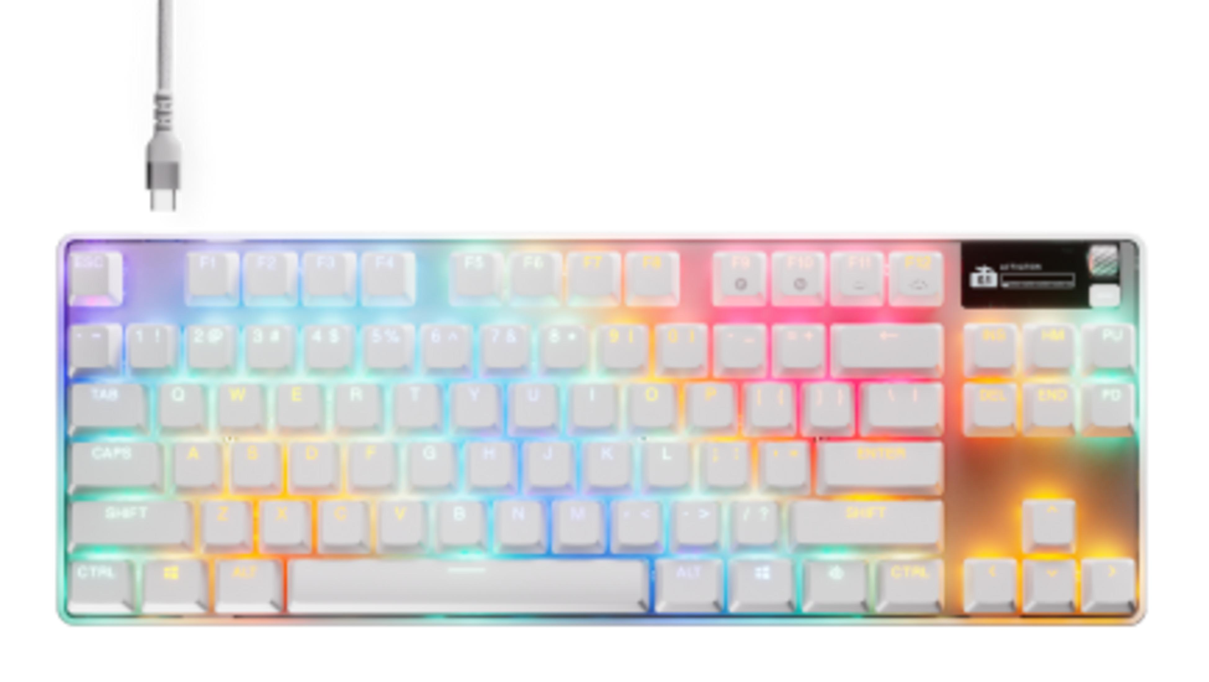 Tastiera bianca con illuminazione RGB e cavo USB-C.