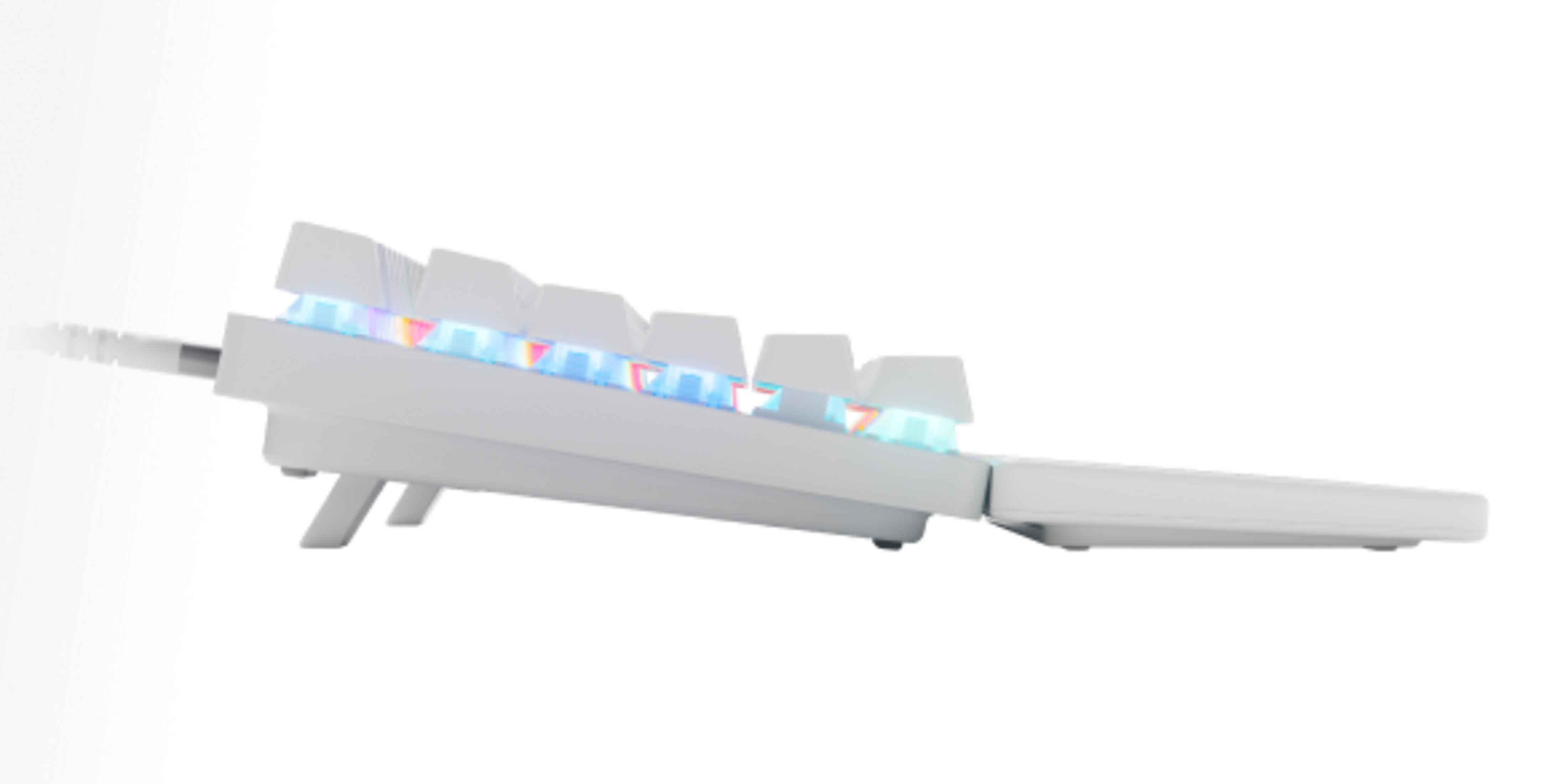 Tastiera bianca con illuminazione RGB, vista di lato.
