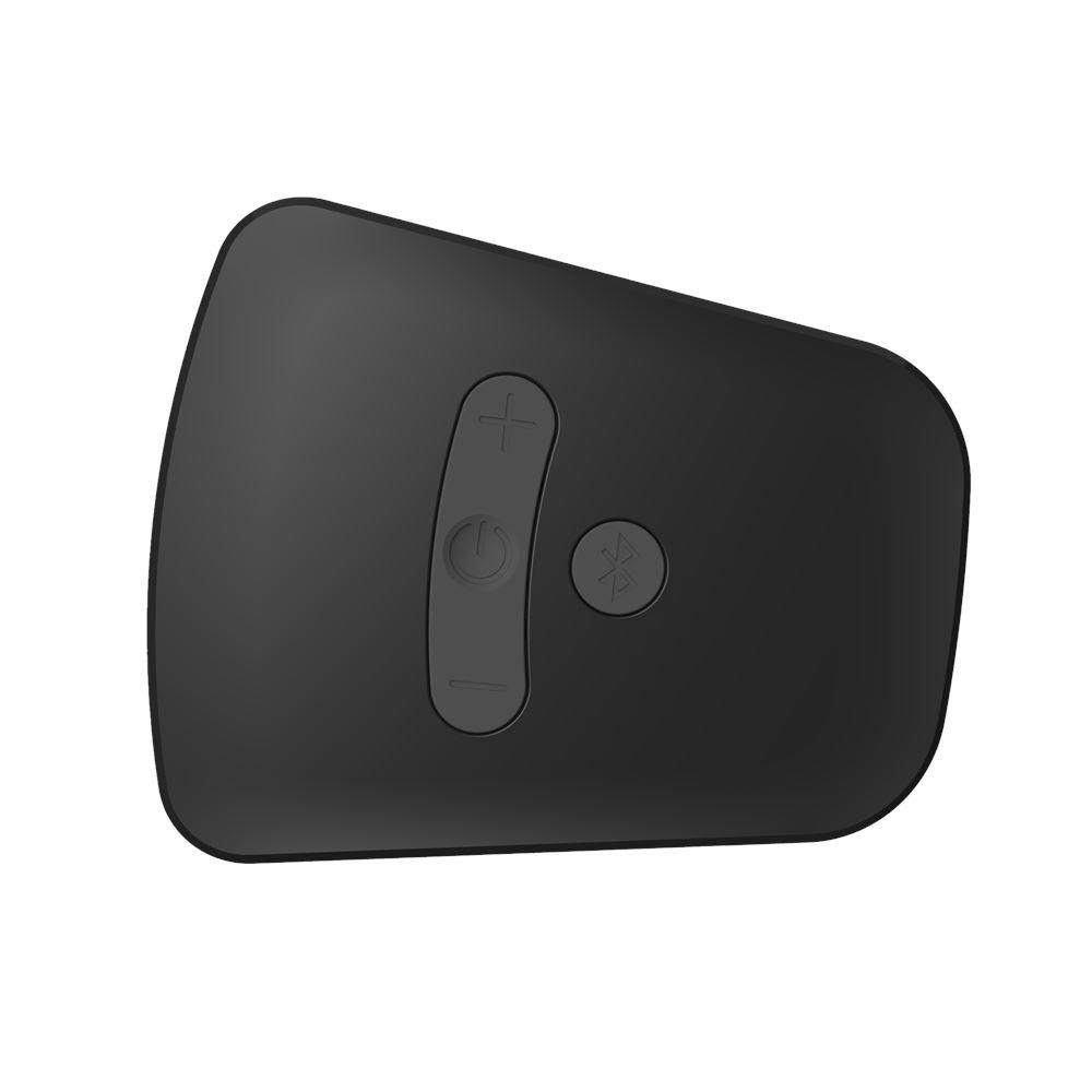 Schwarzer Fernbedienungsknopf mit Plus-, Ein/Aus- und Bluetooth-Symbol.