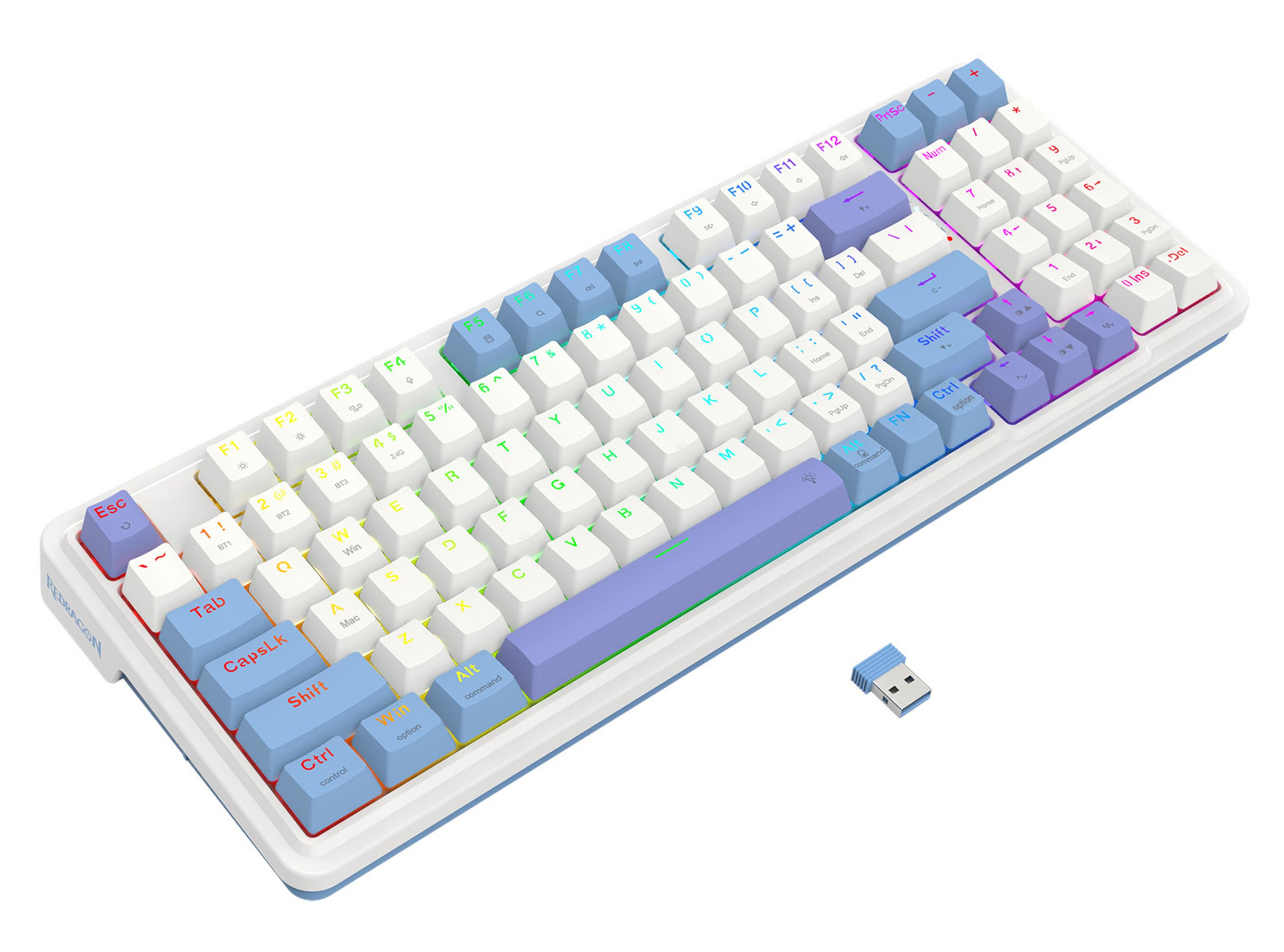 Una tastiera meccanica bianca e blu con illuminazione RGB e un dongle USB.