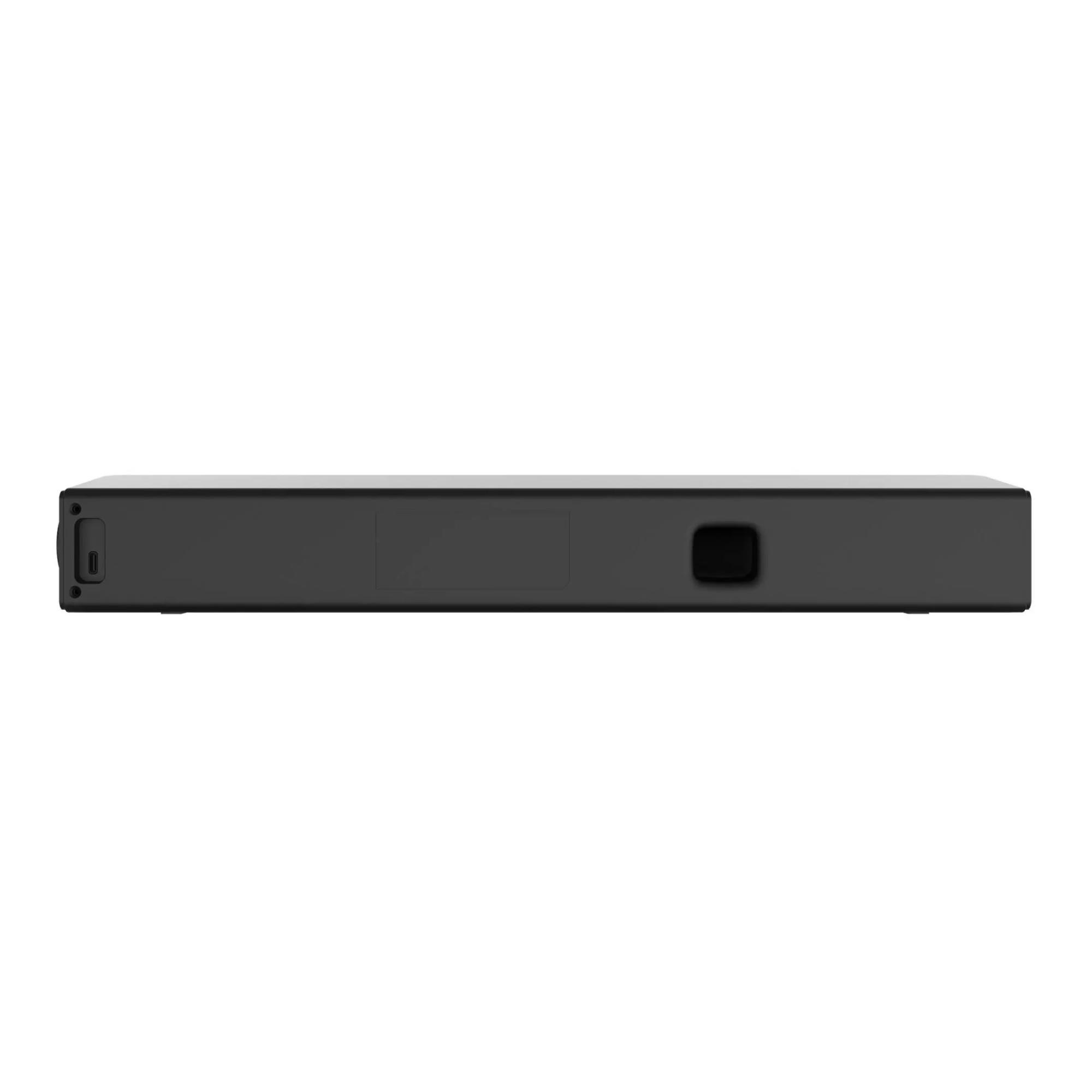 Dispositivo elettronico nero e piatto con porte sul lato e sulla superficie superiore.