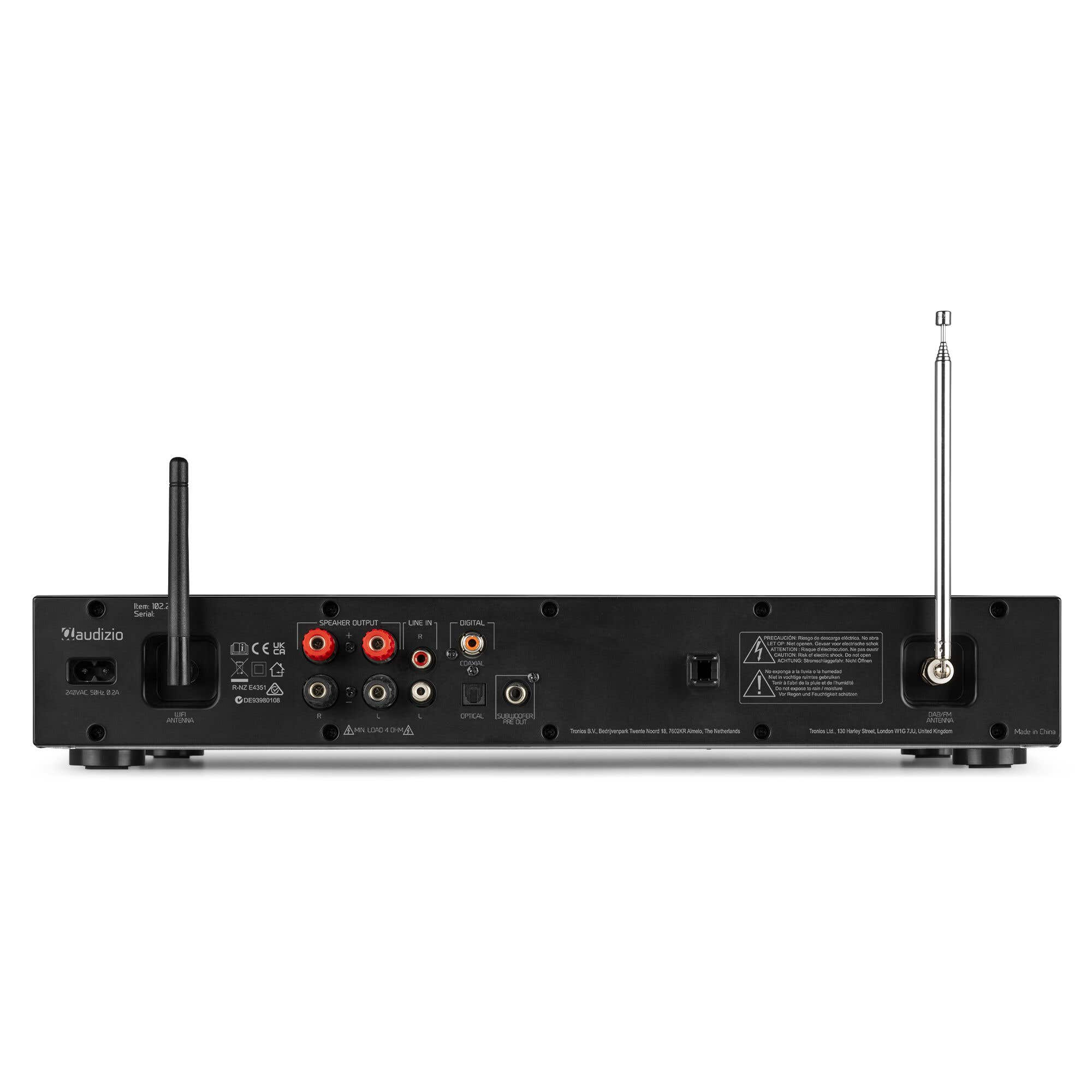 Rückseite eines schwarzen Audiogeräts mit Anschlüssen, Antennen und Warnhinweisen.