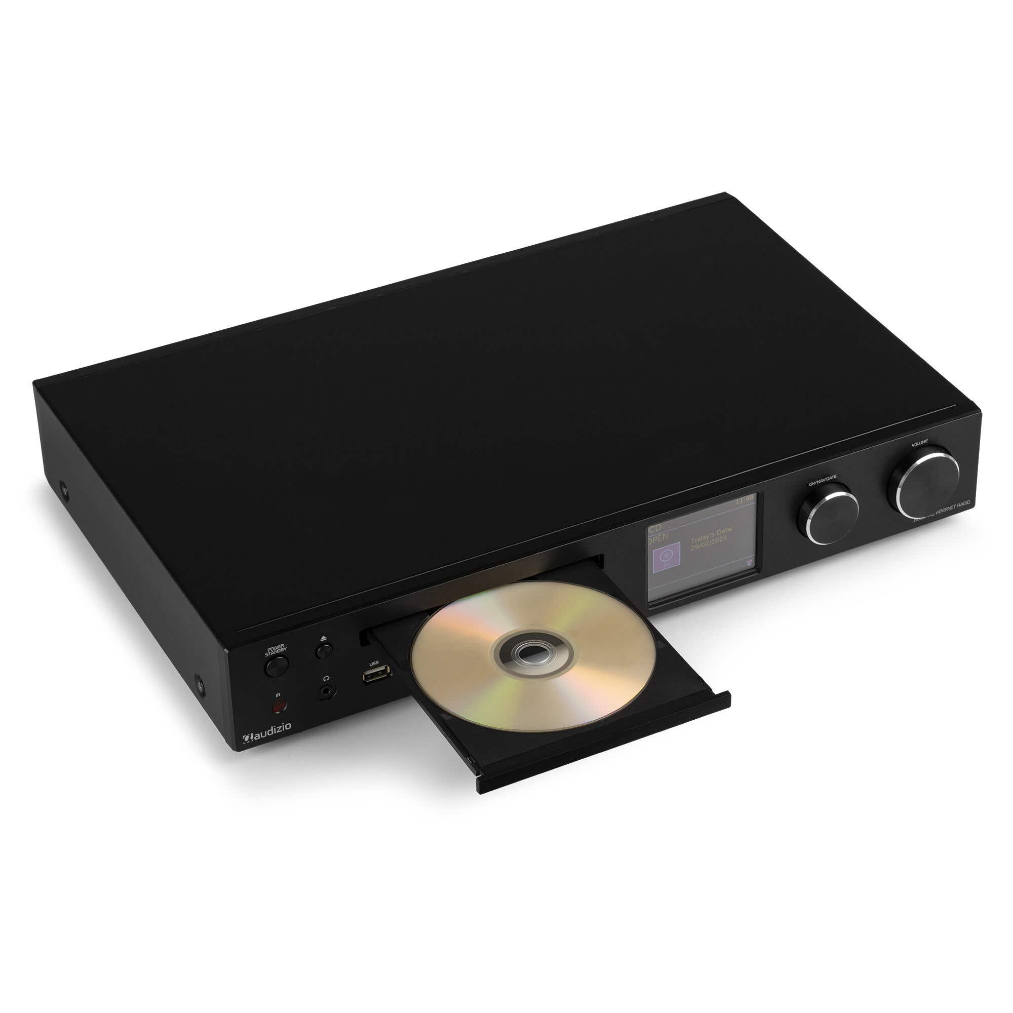 Schwarzer CD-Player mit eingelegter CD und kleinem Display.