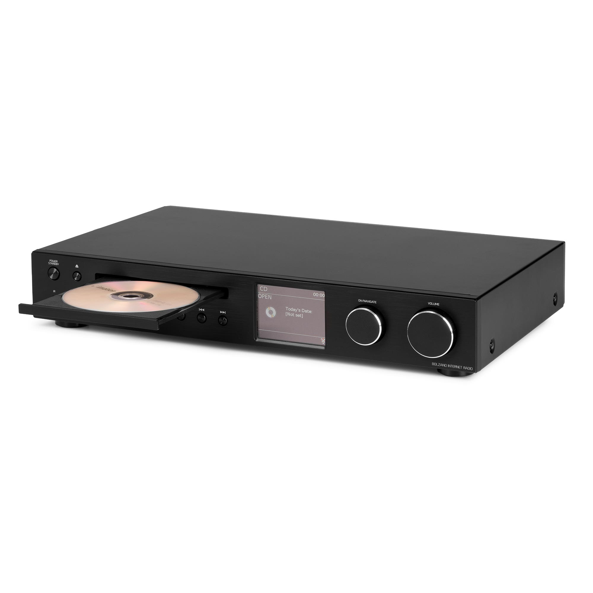 Ein schwarzer CD-Player mit eingelegter CD und einem kleinen Bildschirm.