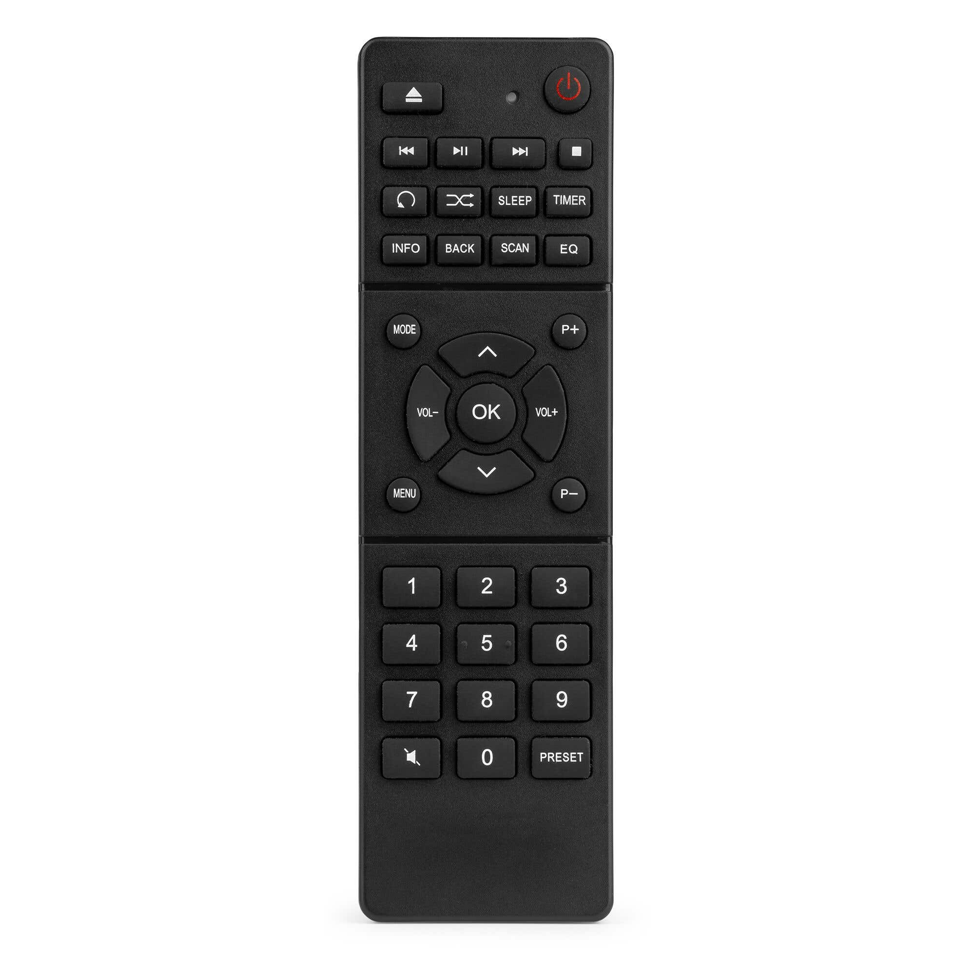 Schwarze Fernbedienung mit nummerischer Tastatur und Navigationstasten.