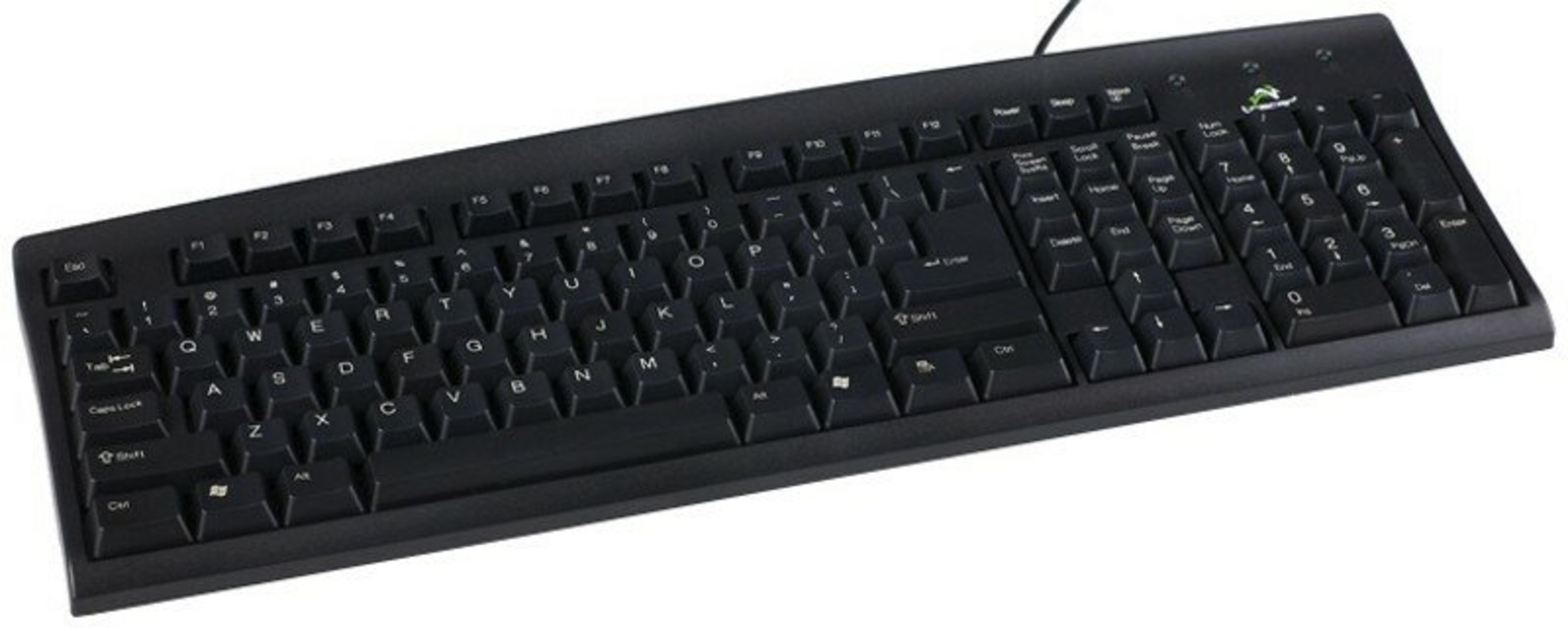 Czarna klawiatura komputerowa z układem QWERTZ na białym tle.