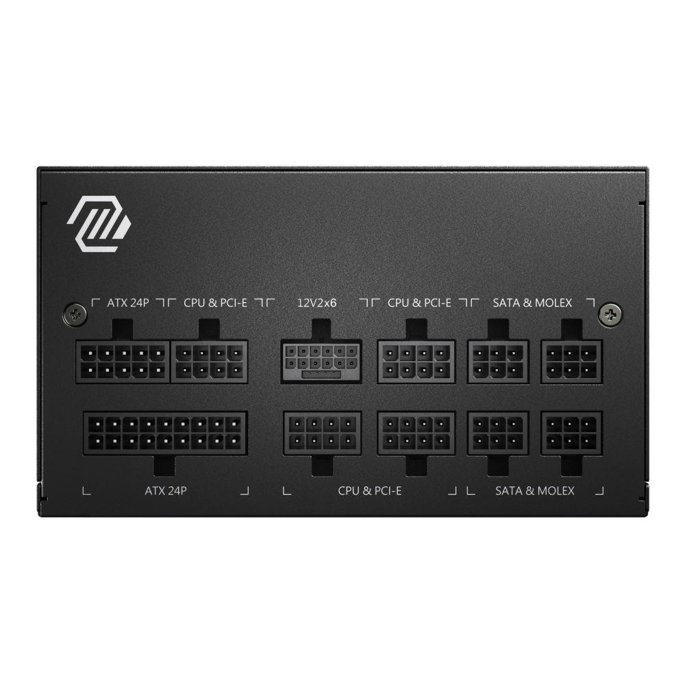 Black power supply unit with many ports: ATX 24P, CPU & PCI-E, 12V2x6, SATA & Molex.