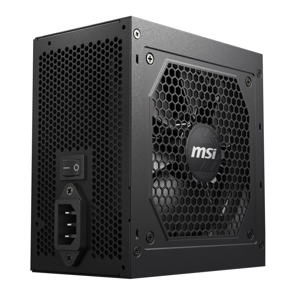 Black power supply unit with MSI logo and fan grille.
