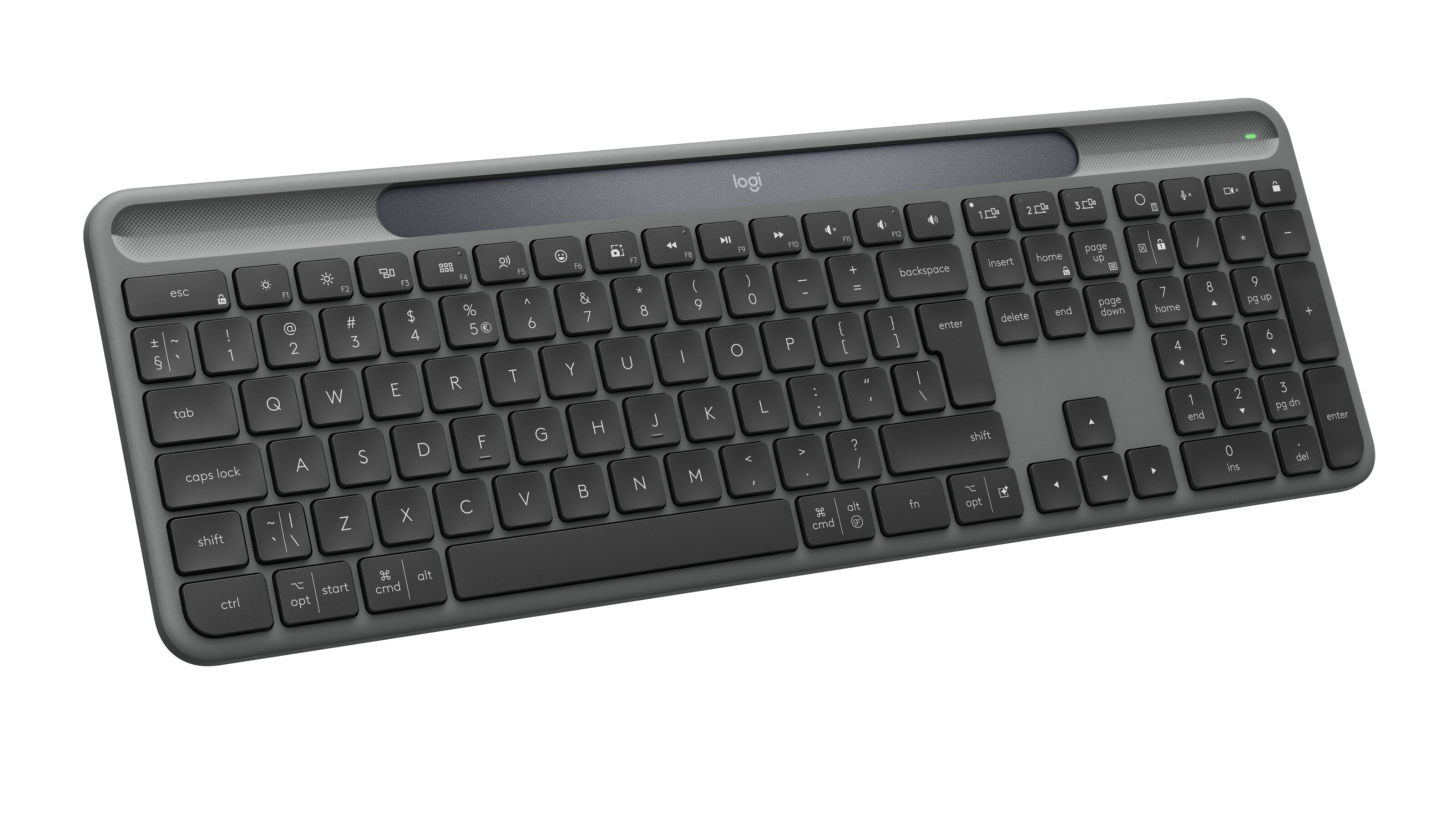 Eine graue Logitech-Tastatur mit schwarzer Beschriftung auf weißem Hintergrund.