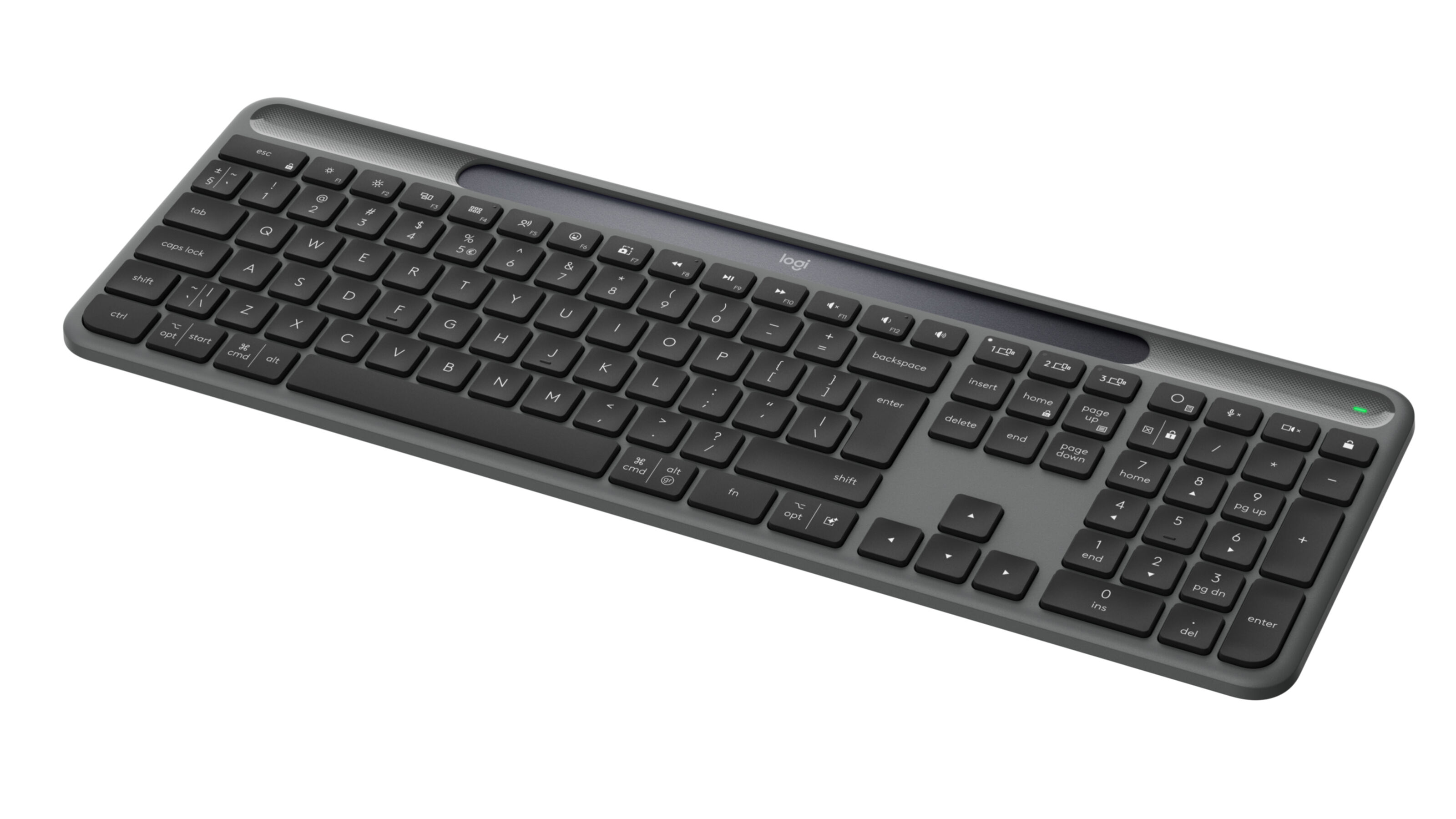 Eine graue Logitech-Tastatur mit Nummernblock auf weißem Hintergrund.