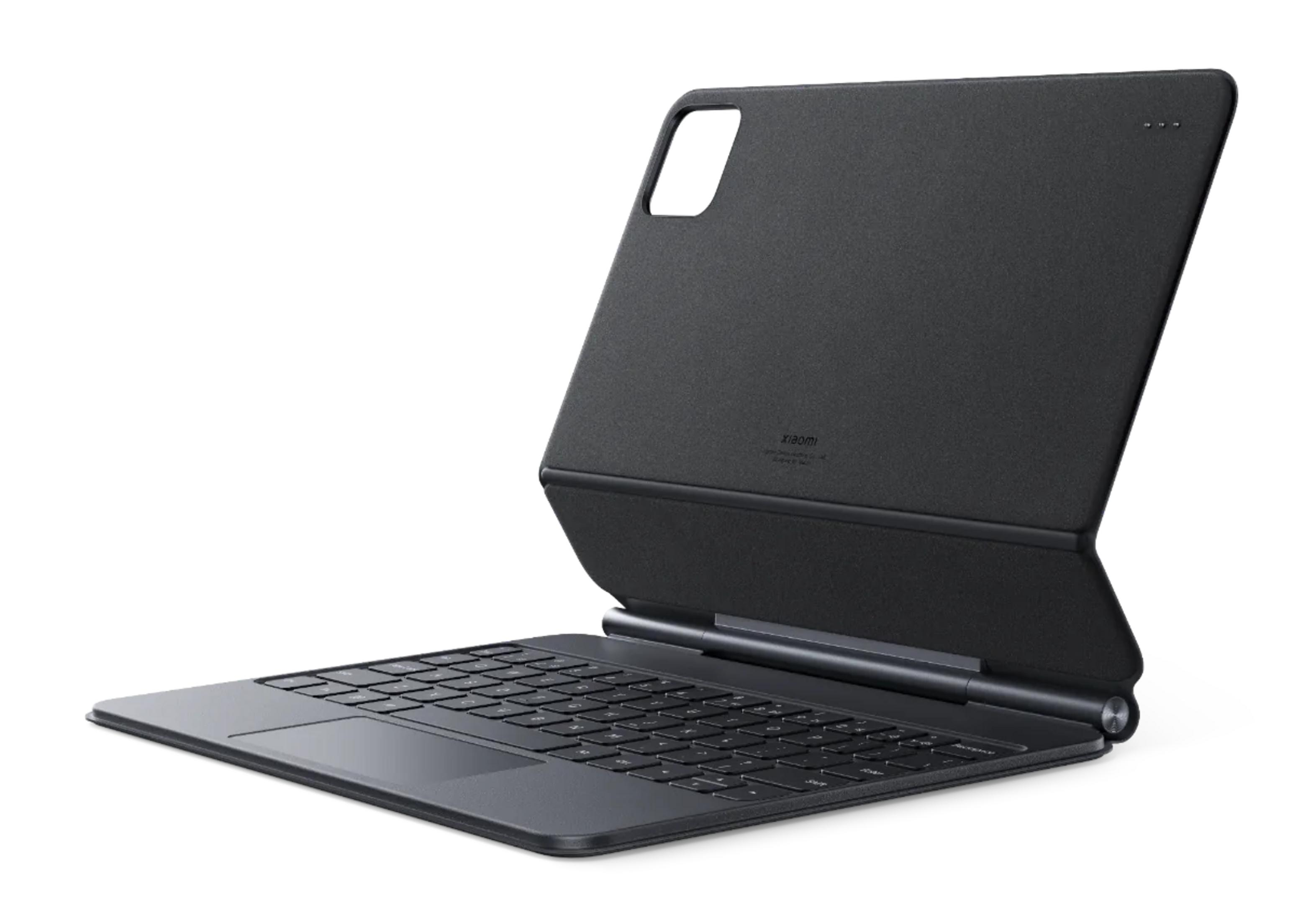 Un tablet nero con tastiera, su sfondo bianco.