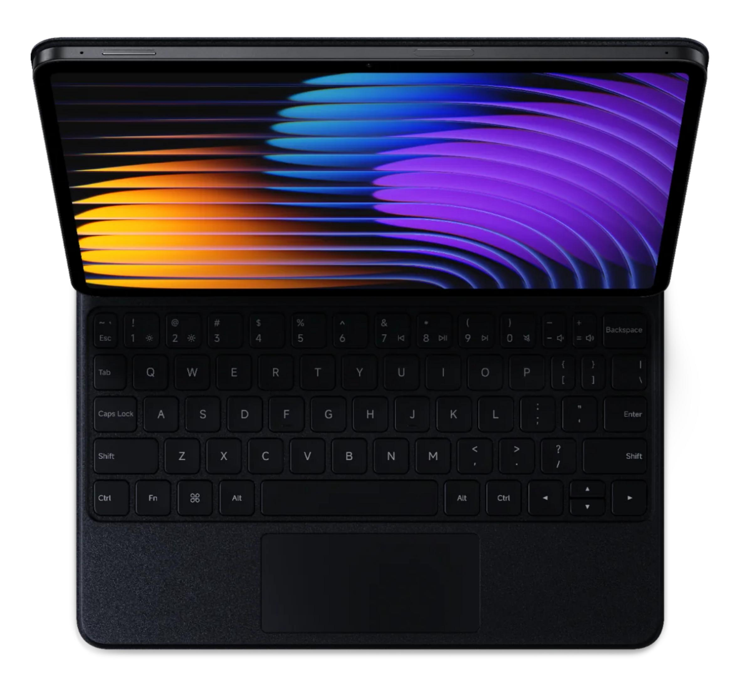 Un tablet nero con tastiera attaccata, che mostra uno sfondo colorato.